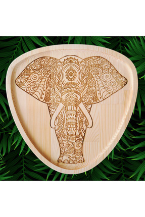 AE UMUT Fil Desenli Ahşap Yuvarlak Dekoratif Tabak