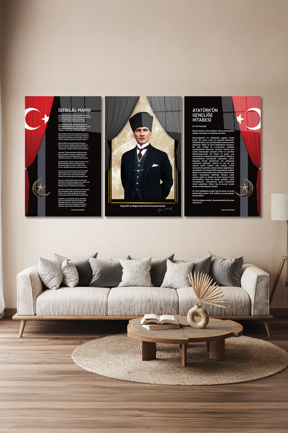 ATATÜRK GENÇİLEĞE HİTABE VE İSTİKLALMARŞI 3 PARÇA CAM TABLO görsel 2