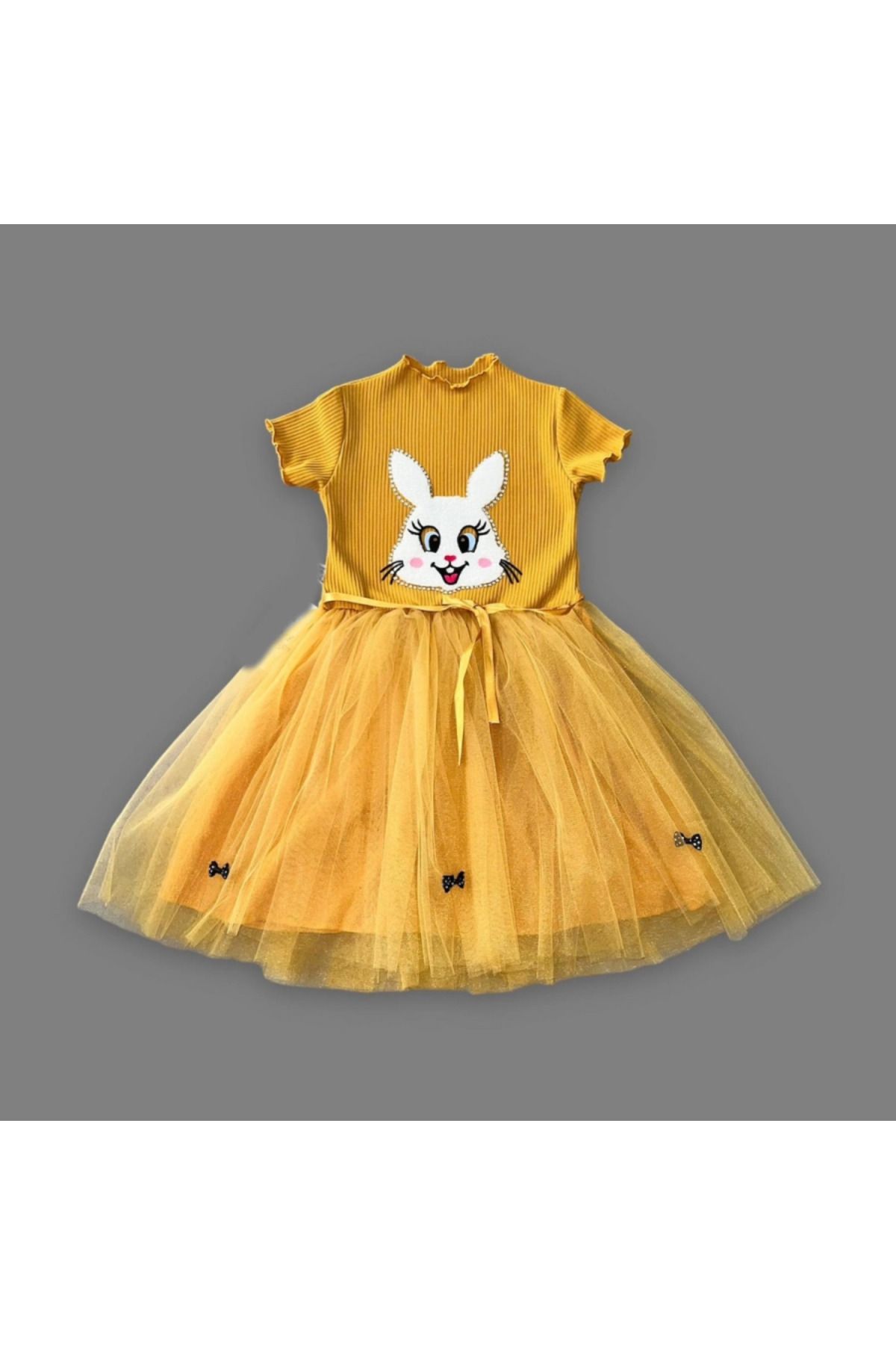 velmorafashion 5-6-7 Yaş Payetli Tavşan Baskılı Kız Çocuk Elbisesi Hardal