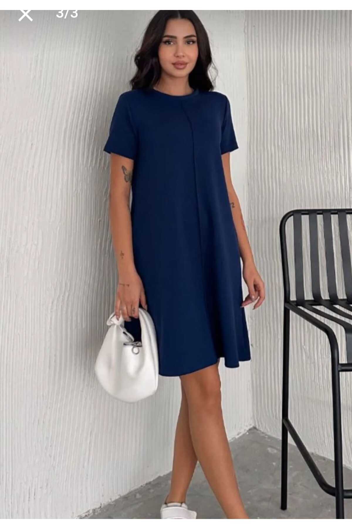 aryam butik-Women's Round Neck Short Sleeve Modal Fabric Short Dress with Sewing Detail on the Front 2