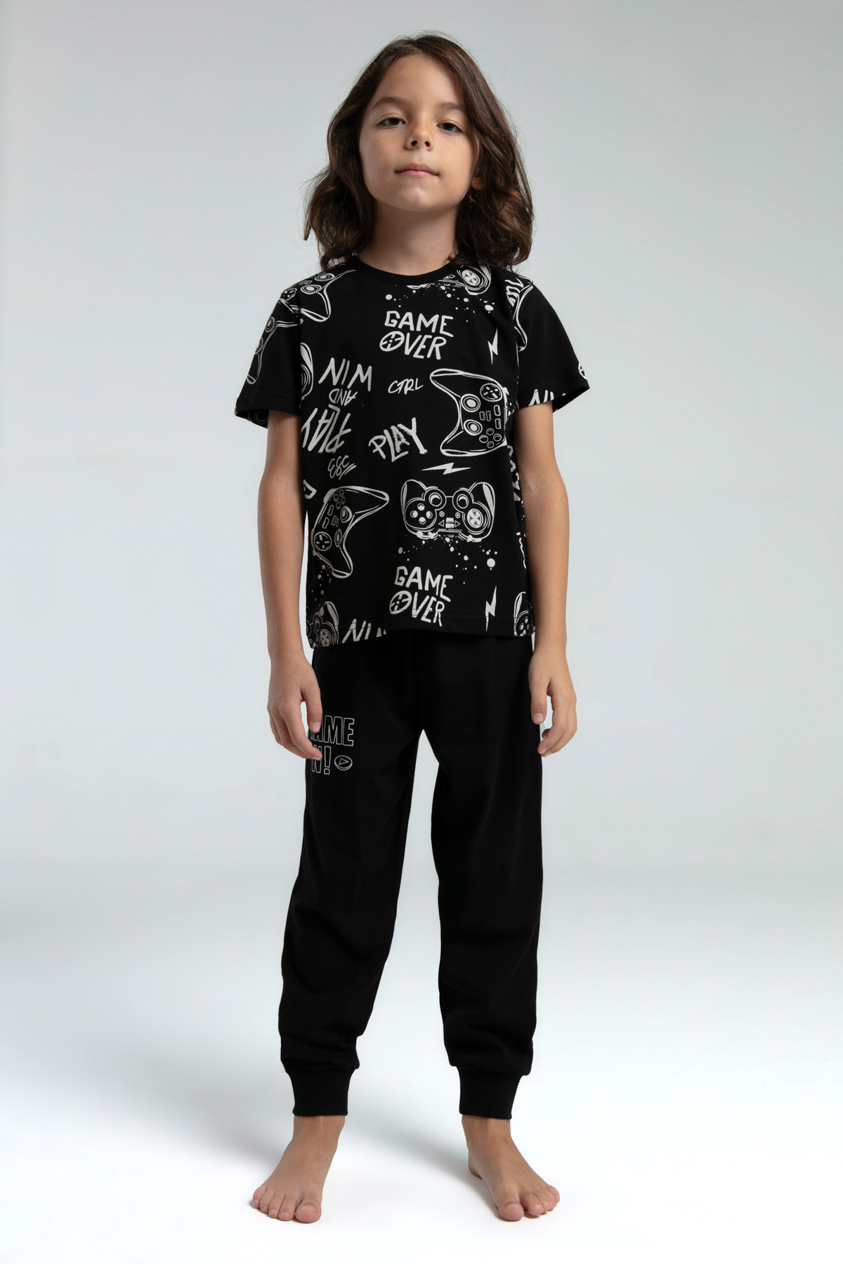 QKK Erkek Çocuk Siyah %100 Pamuklu Pijama Takım fotoğrafı 2 (önizleme)