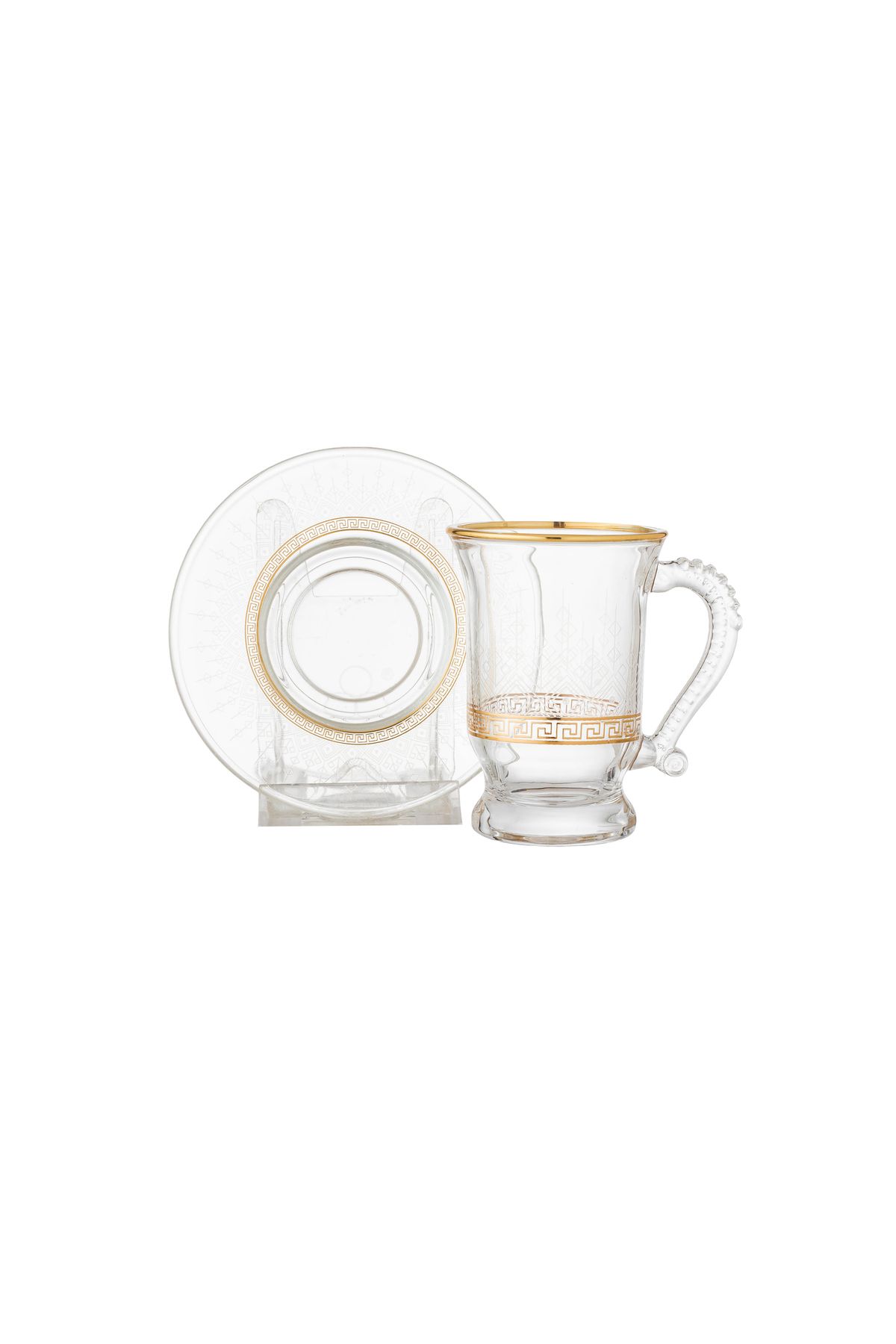 Dania-Clear glass teacup and saucer set with exquisite gold engraving, consisting of 6 teacups and 6 saucers 2