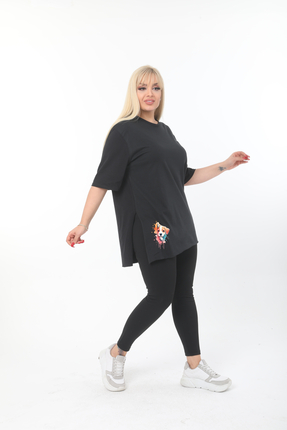 ÇİFTXL Büyük Beden Örme Viskon siyah Baskılı Salas T-shirt