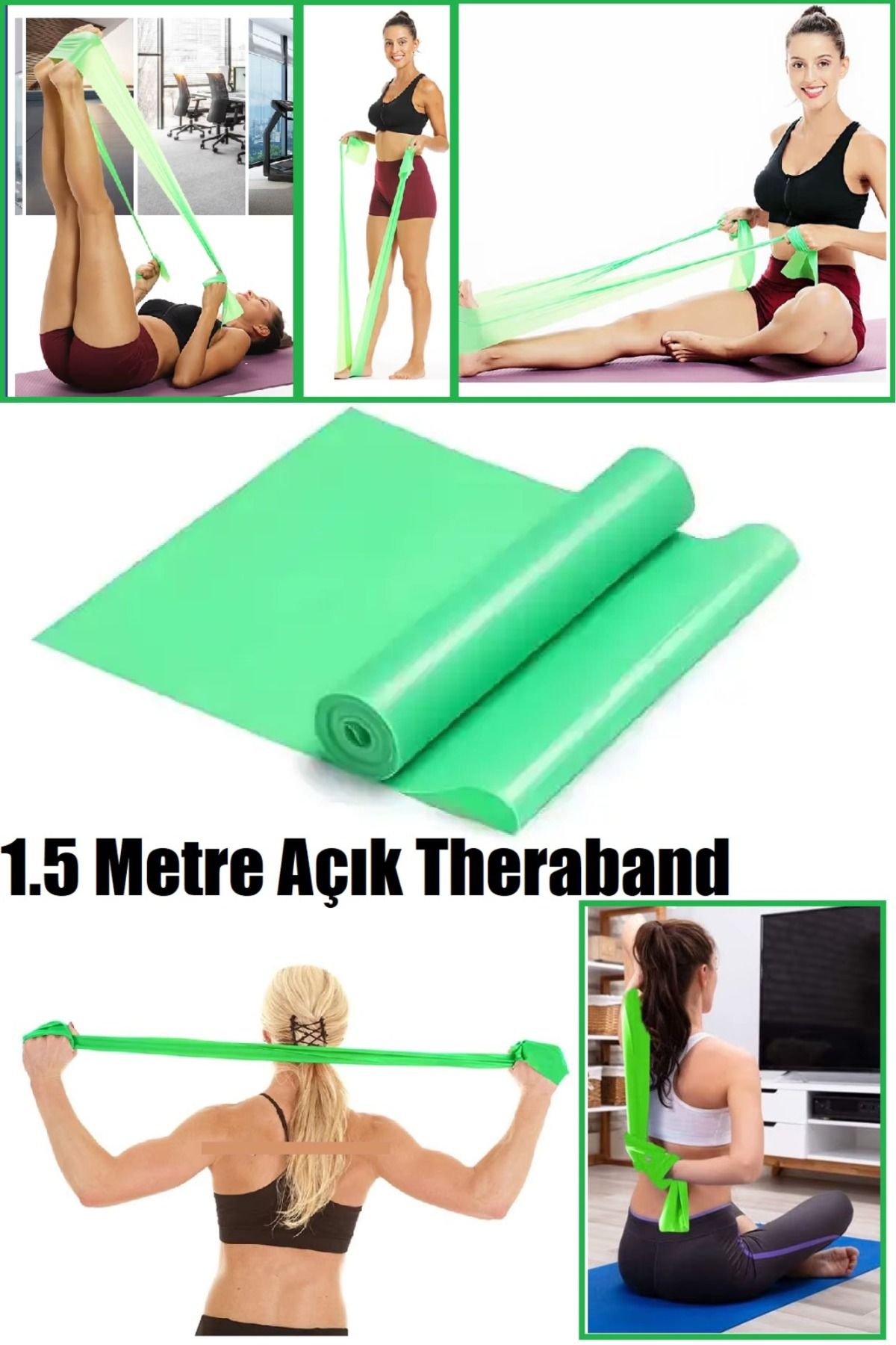 1.5 Metre Yeşil Yoga Pilates Egzersiz Bandı Terabant (AÇIK UÇLU - ORTA SERT)