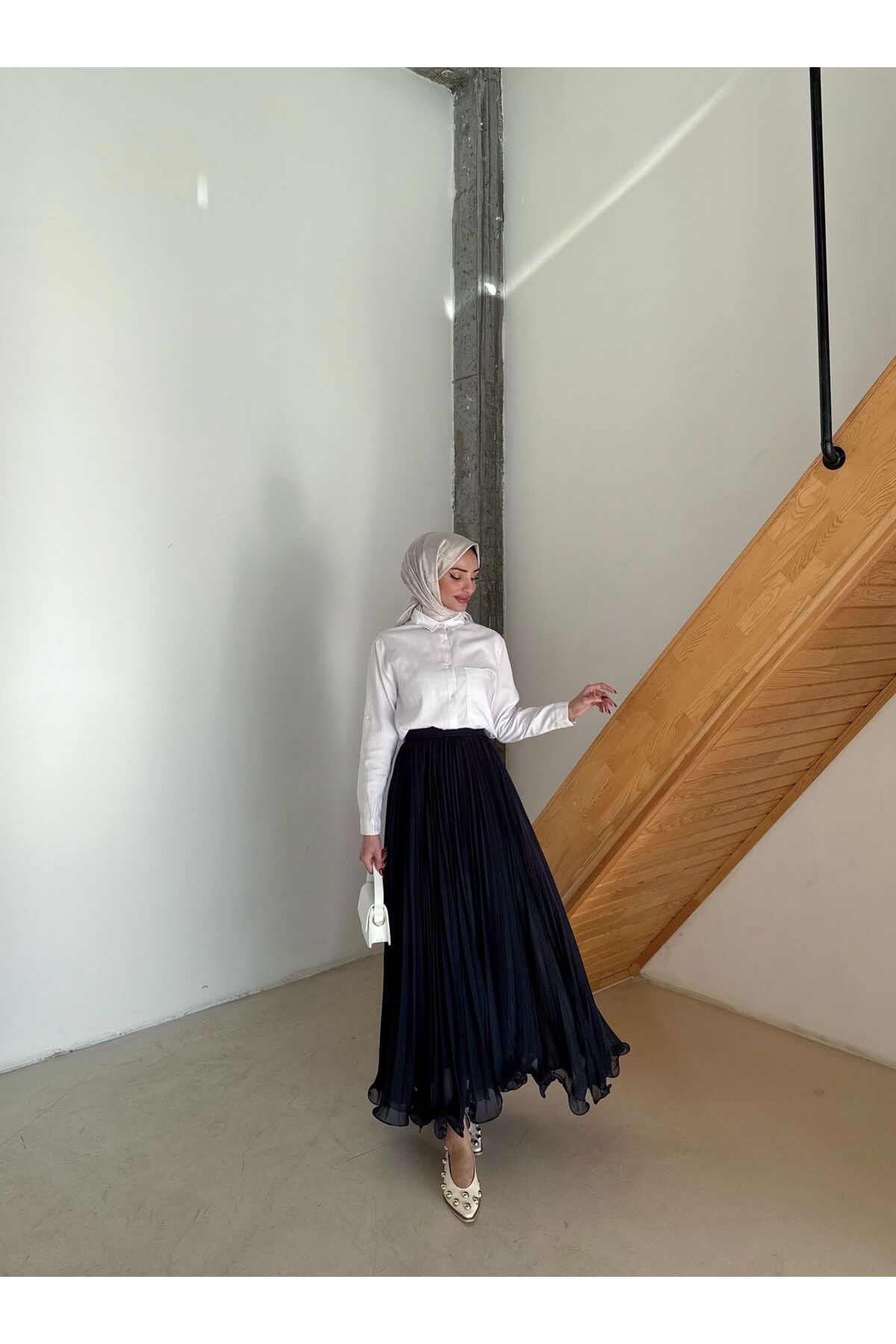 hacer ayaydın  Şifon Piliseli Tesettür Etek - Görsel 4
