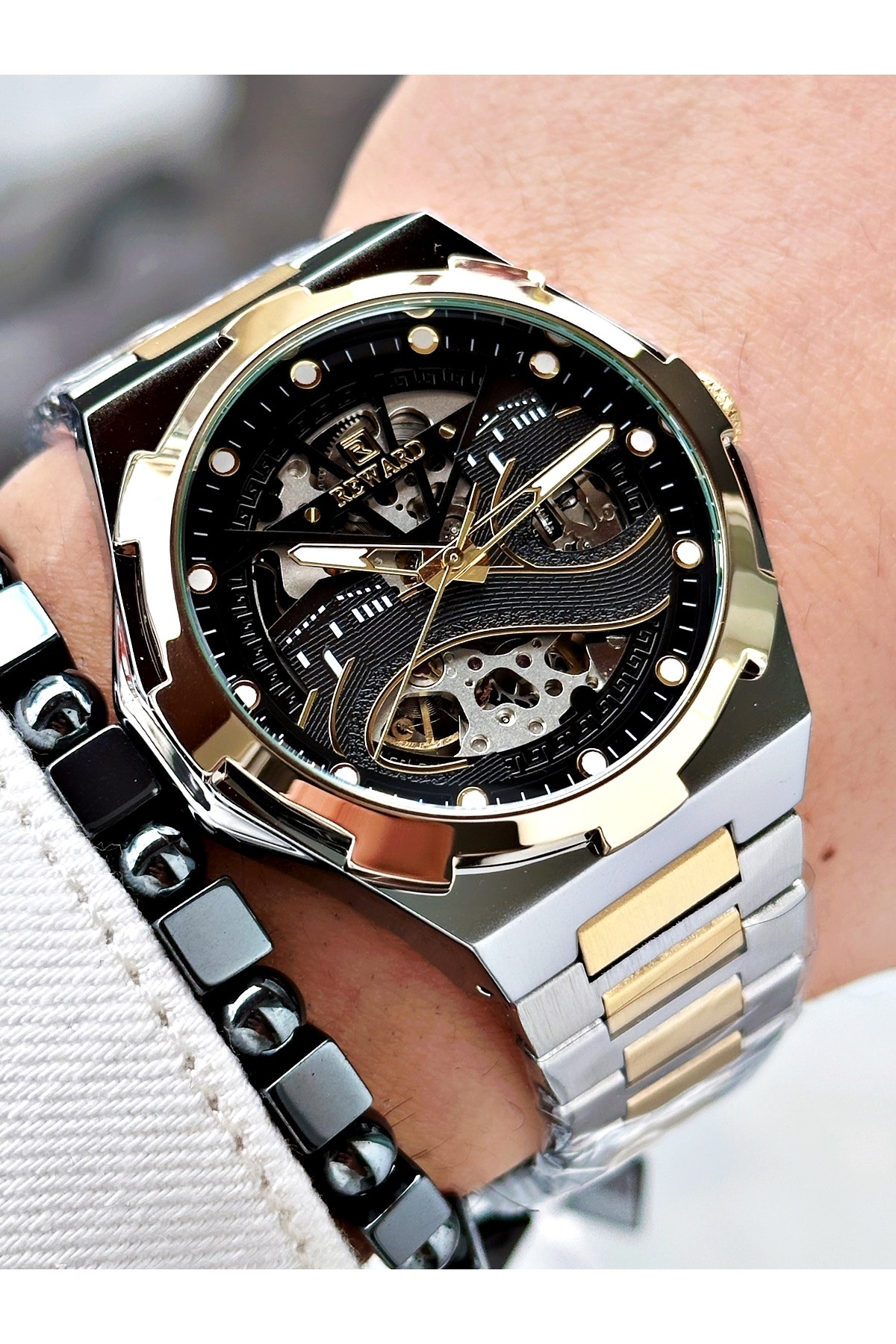 Reward-Gold Silver Color Kaaba Pattern Automatic Mechanism Men Wristwatch + Bracelet 3