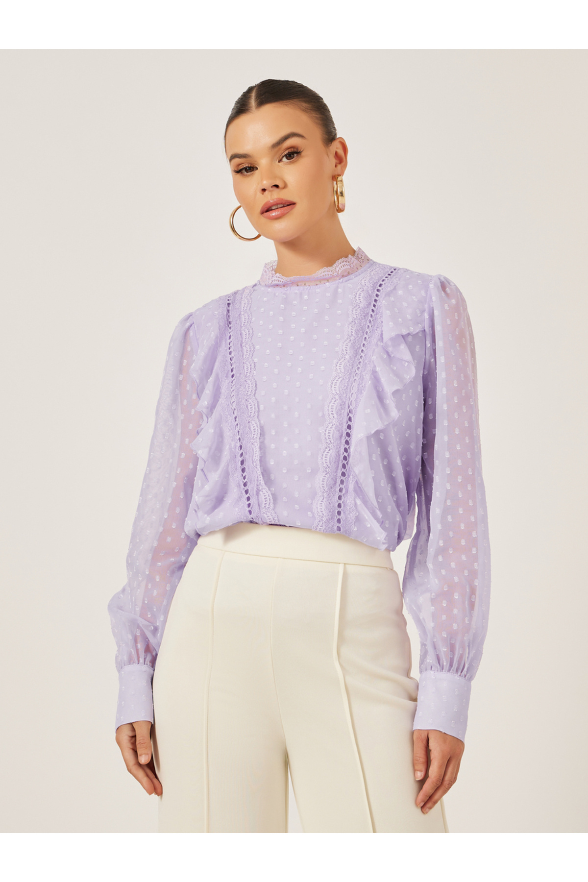 Styli Dobby Balloon Sleeves Blouse with Lace Detail