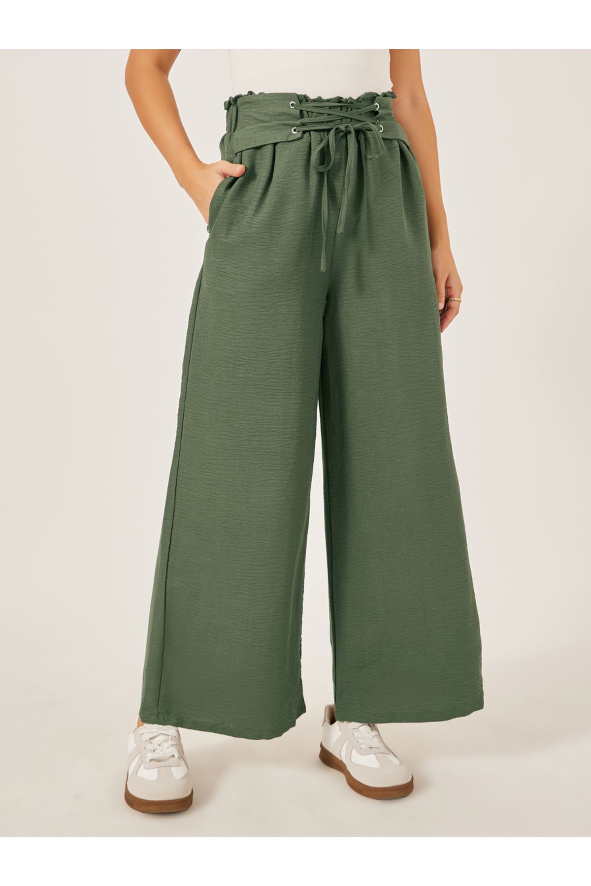 Styli-Mid Rise Wide Leg Corset Waistband Pants 2