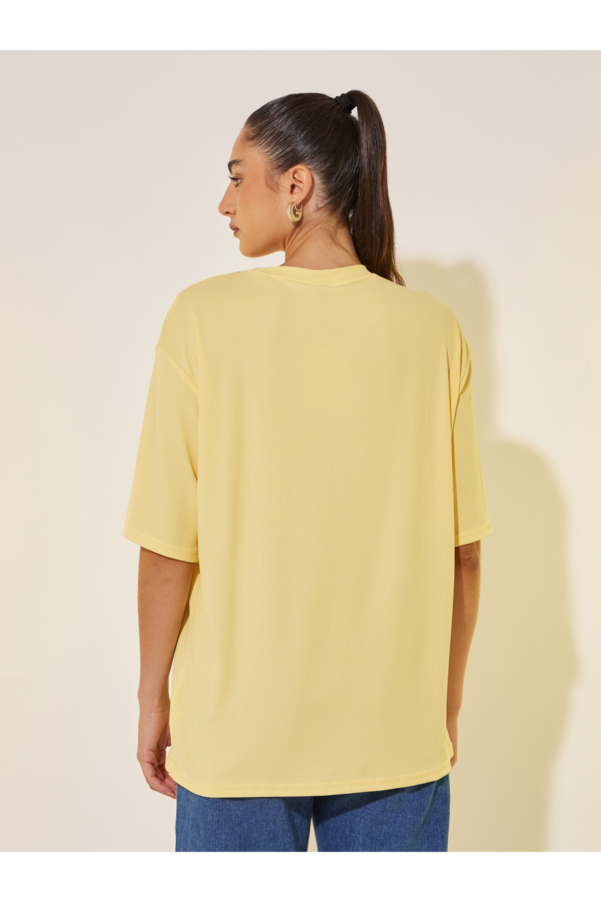 Styli-Yellow Ribbed Short Sleeve Oversized T-Shirt 5