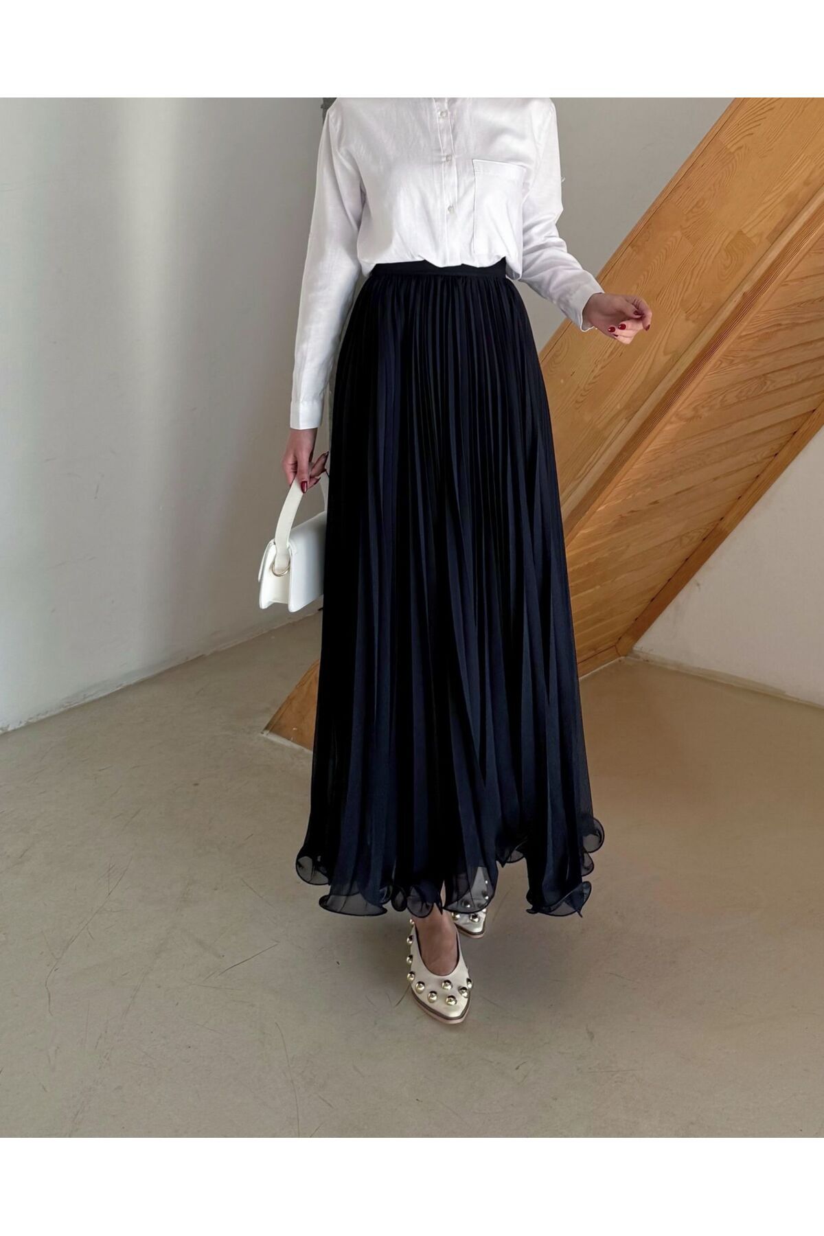 hacer ayaydın  Şifon Piliseli Tesettür Etek - Görsel 3