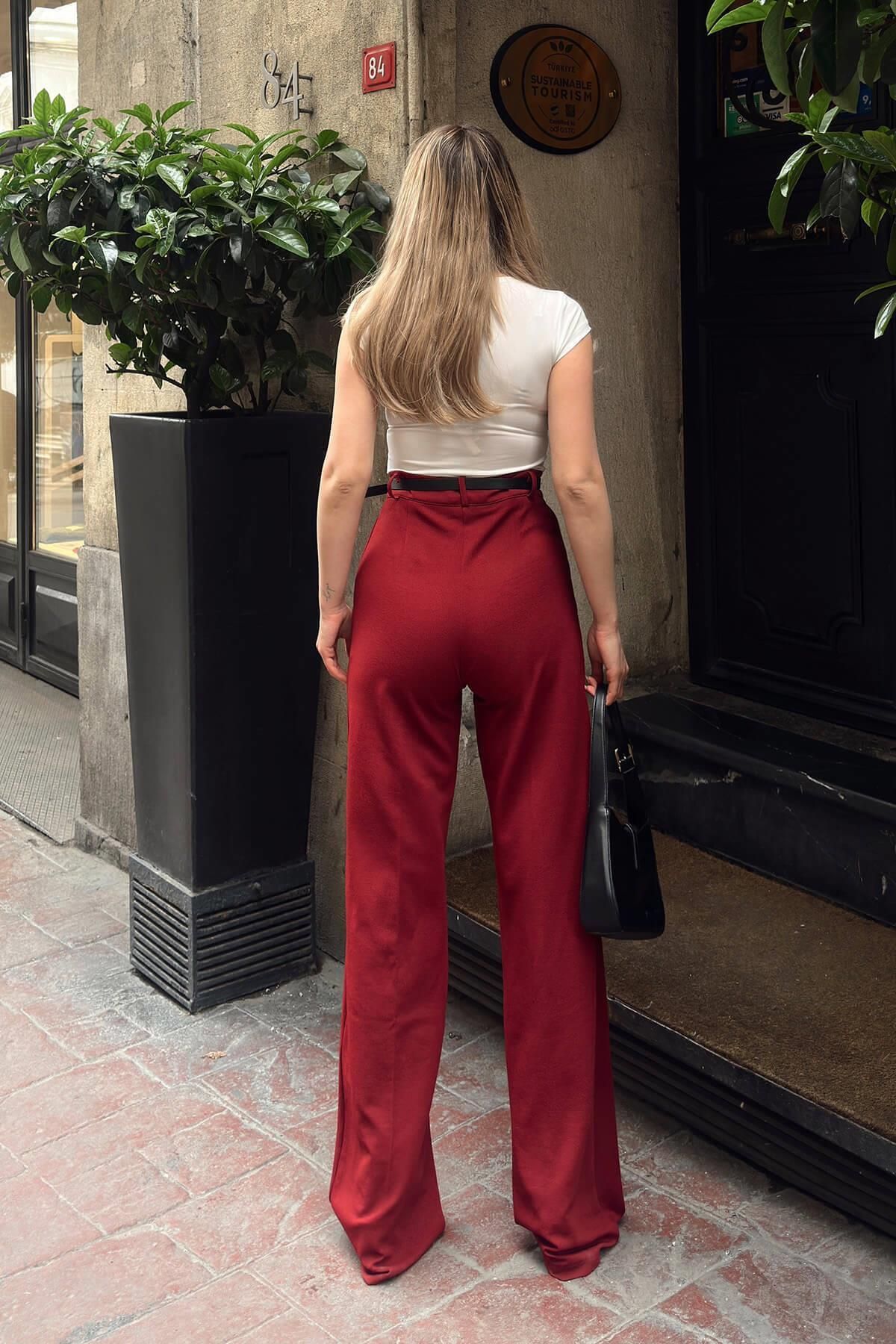Swist-Pantaloni Palazzo de damă cu talie înaltă, cu curea burgundă 5