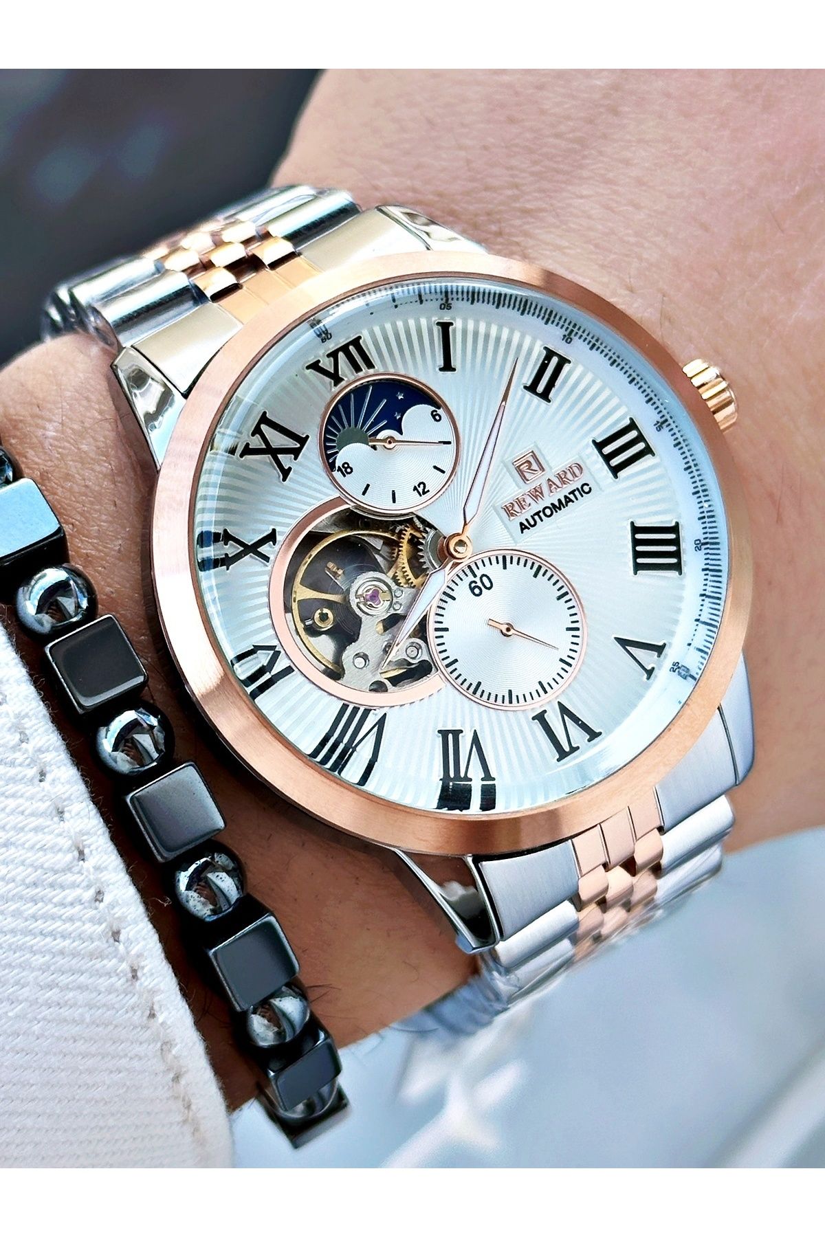 Reward-Rose Gold Silver Color Automatic Mechanism Roman Numeral Men Wrist Watch + Bracelet 4