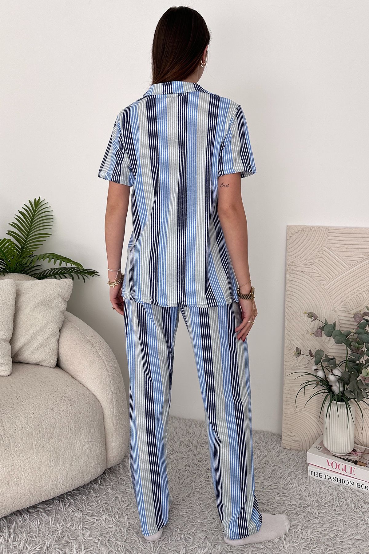 EYYE-Set pijamale de damă din bumbac alb albastru 5