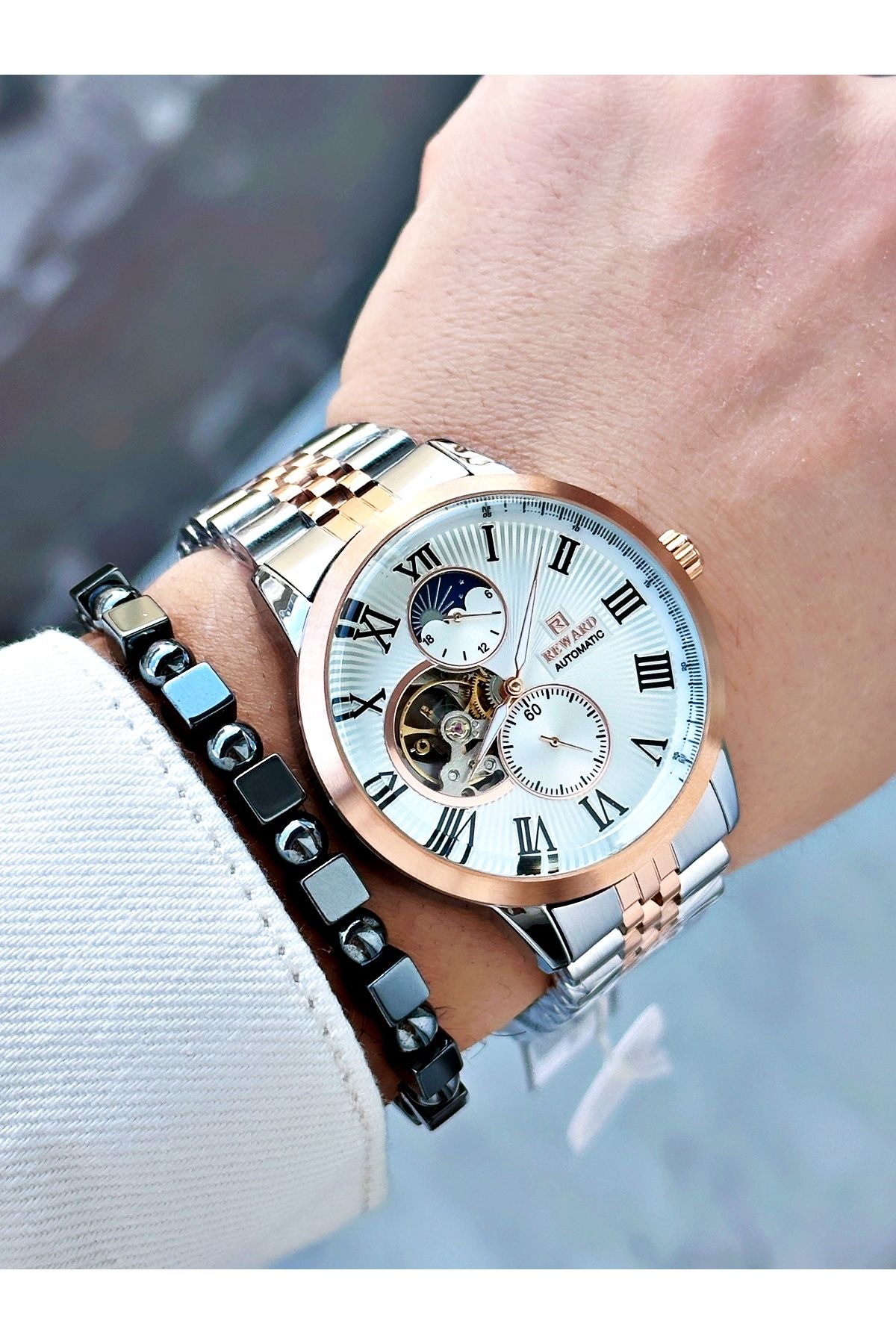 Reward-Rose Gold Silver Color Automatic Mechanism Roman Numeral Men Wrist Watch + Bracelet 3