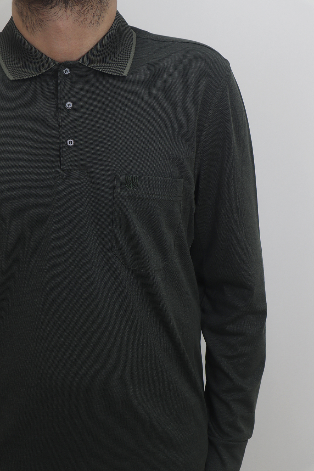 Özhürmet Triko-Fistan Store Men's Khaki Green Solid Classic Cut Comfortable Fit Single Pocket Polo Neck Long Sleeve T-Shirt 2