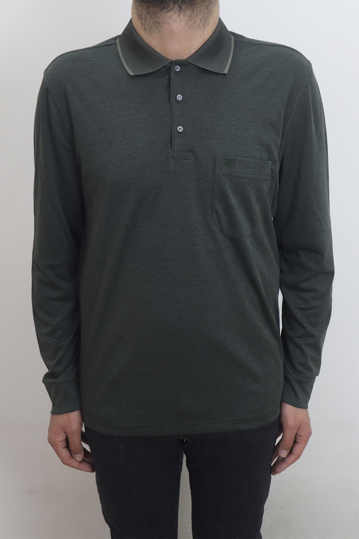 Özhürmet Triko-Fistan Store Men's Khaki Green Solid Classic Cut Comfortable Fit Single Pocket Polo Neck Long Sleeve T-Shirt 1