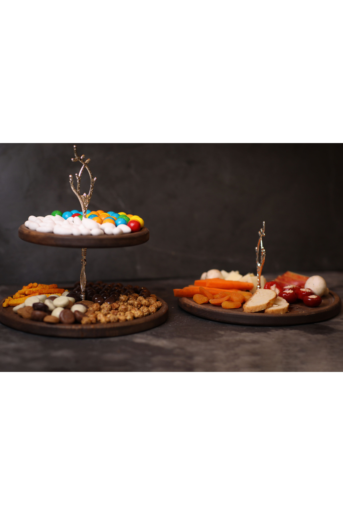 Rabo Craft-2-Tier and Single-Tier Silver Tree Handle Patterned Handle Wooden Presentation Rack Stand, Serving Presentation Plate, 3