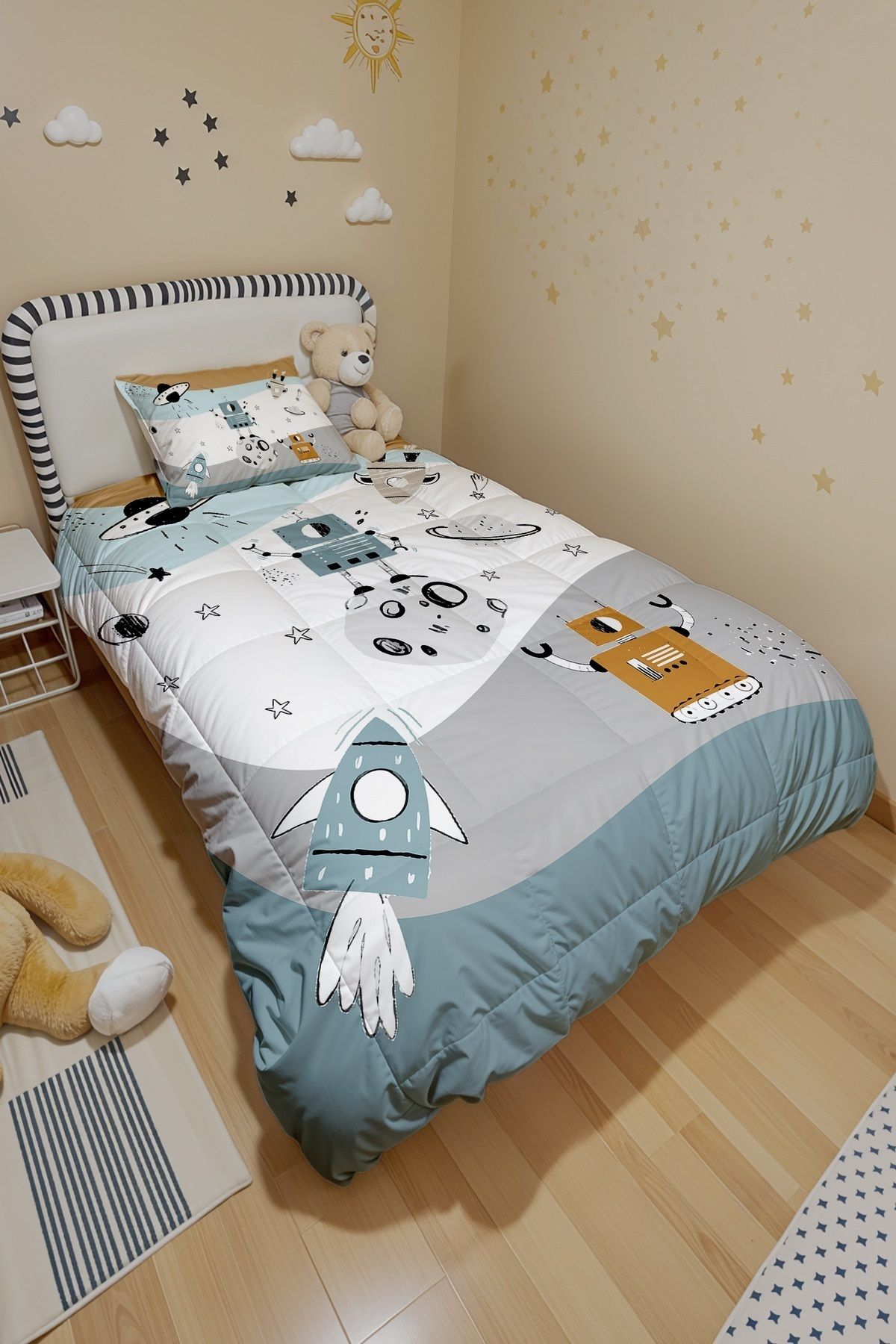 EVPANYA-Blue Fun Robot Patterned Single Quilt and Pillowcase 3