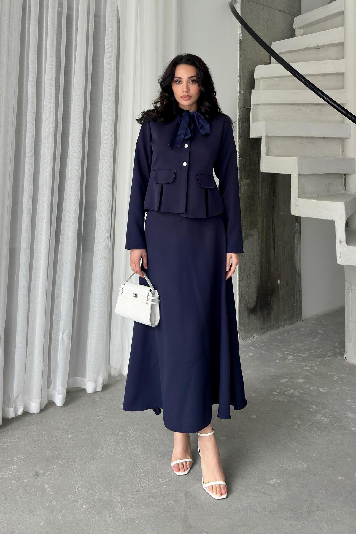Serica Moda Navy Blue Bow Collar Detailed Burgundy Jacket Skirt Set