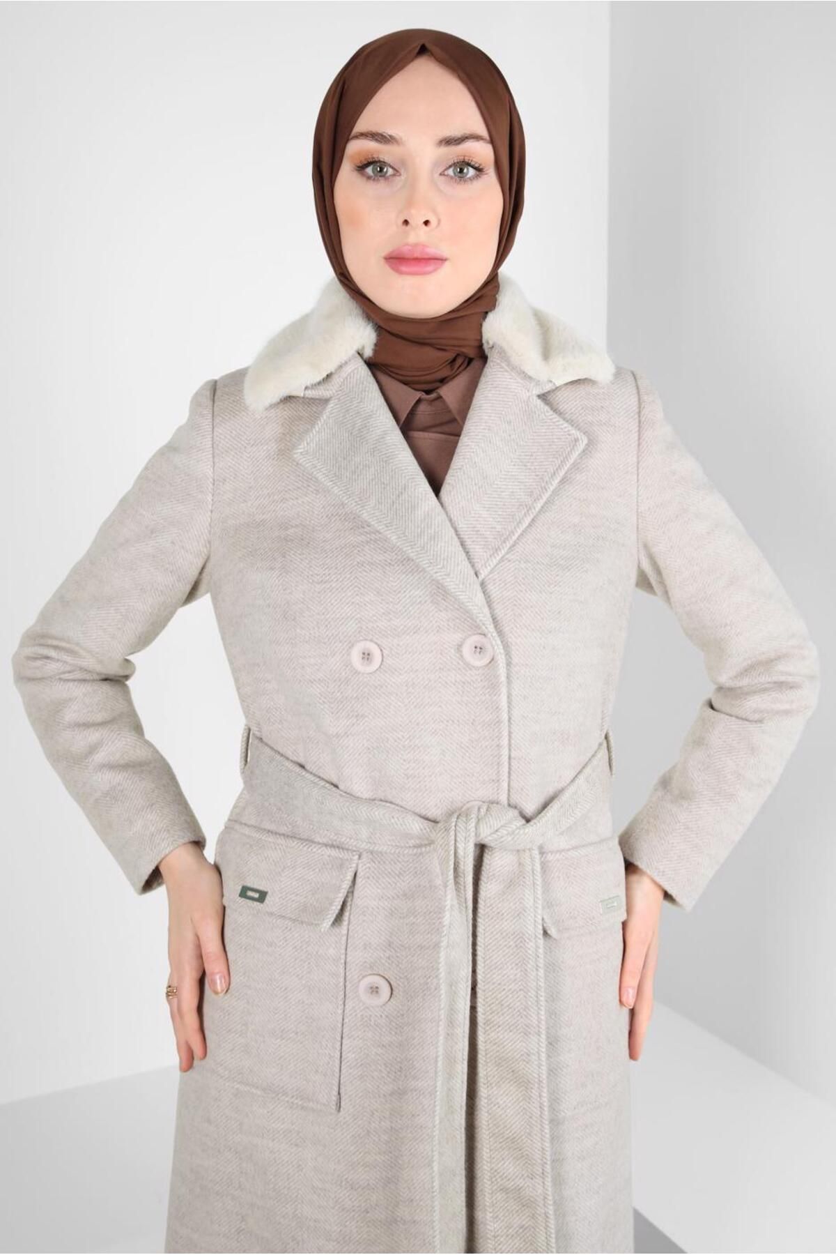 کت کمربند خز دار 90463-1 Alvina