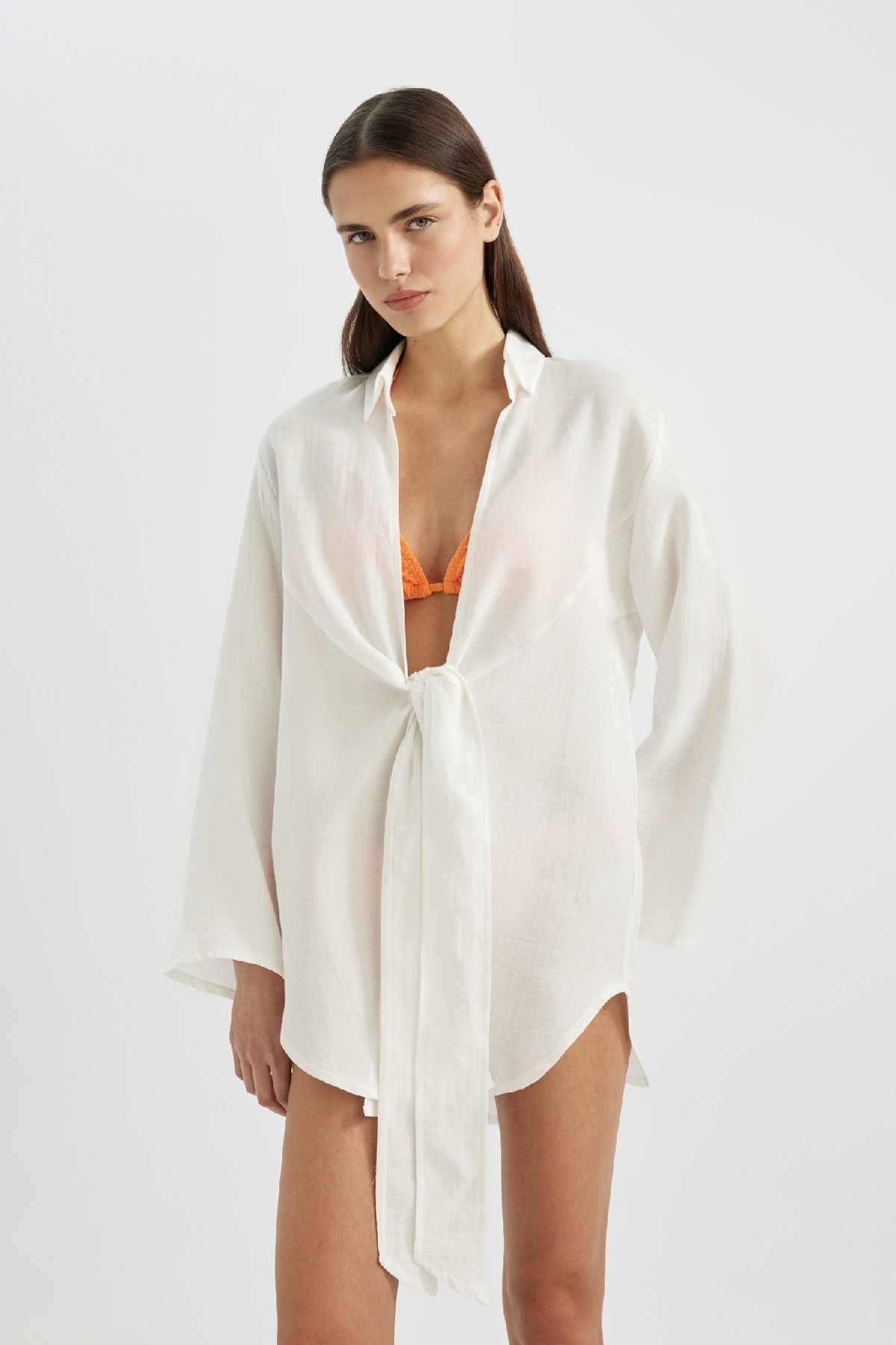 DeFacto-Muslin Front Tie Beach Shirt-Fall in Love B7333Ax24Sm 1