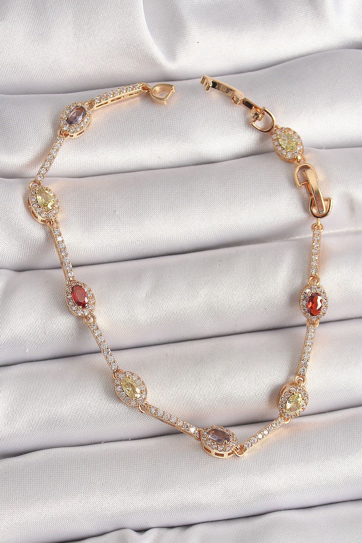 KfksStore Pirinç Gold Renk Renkli Damla Zirkon Taşlı Kadın Bileklik