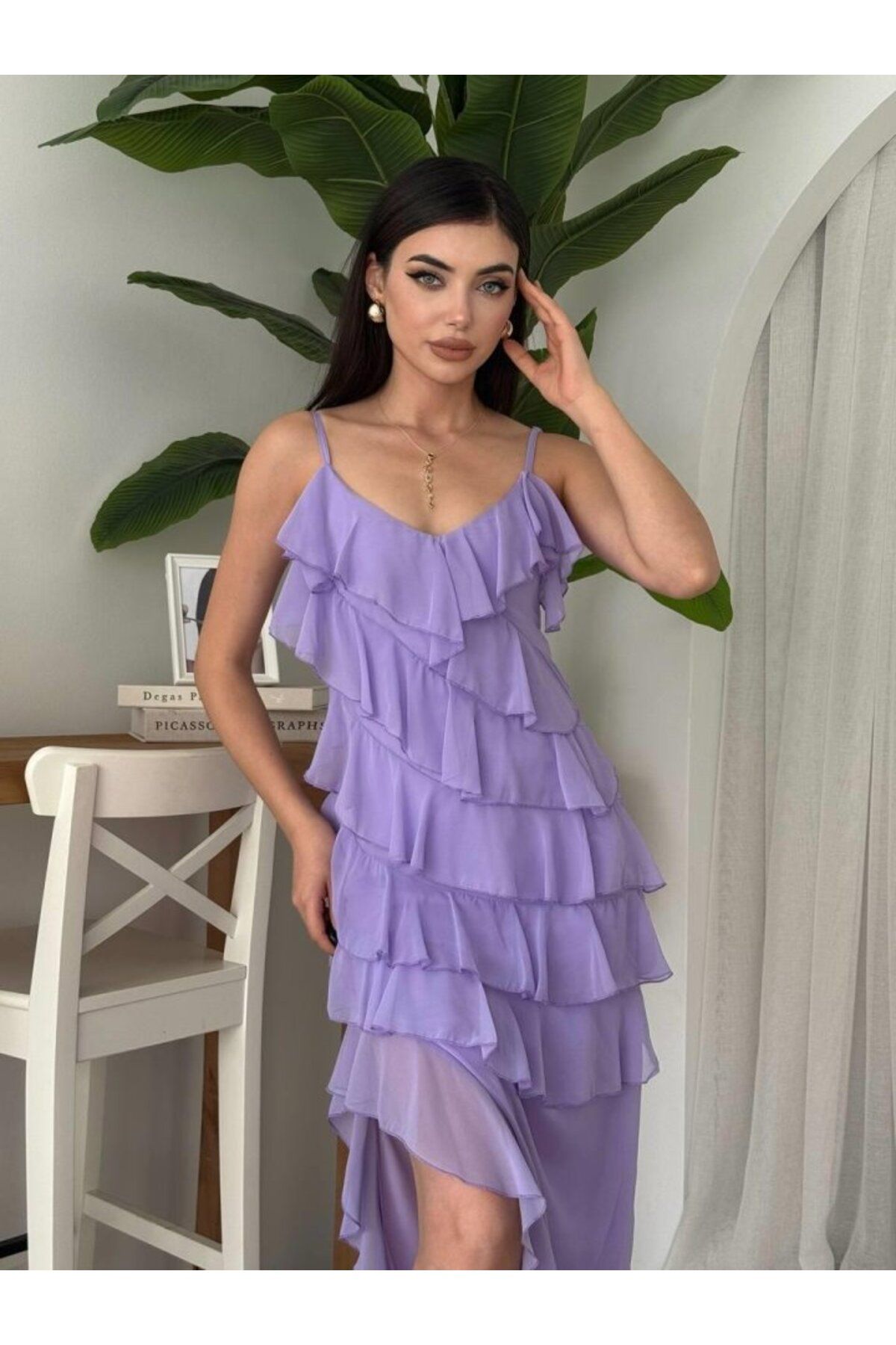 velmorafashion Ples Yırtmaç Detaylı Elbise