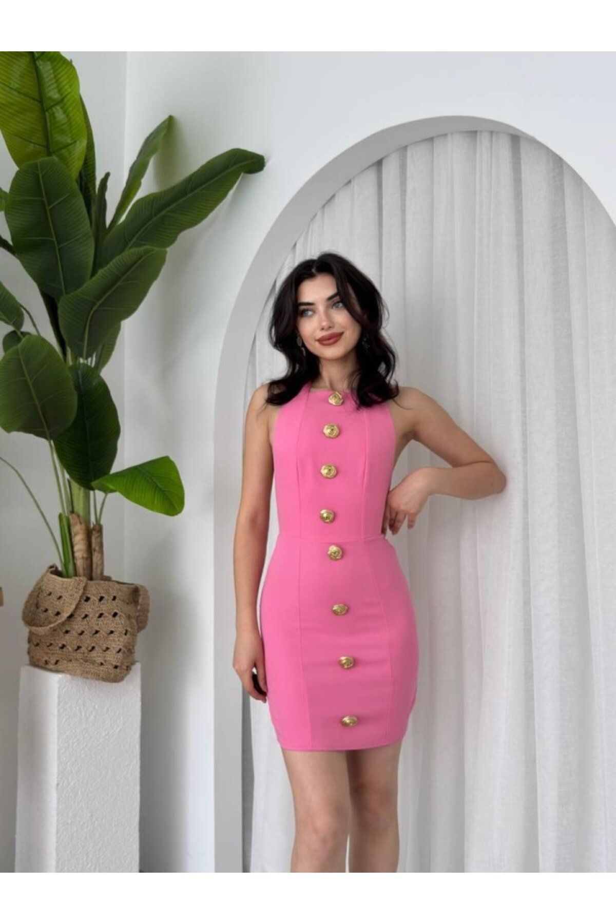 velmorafashion Katalina Gül Düğmeli Elbise