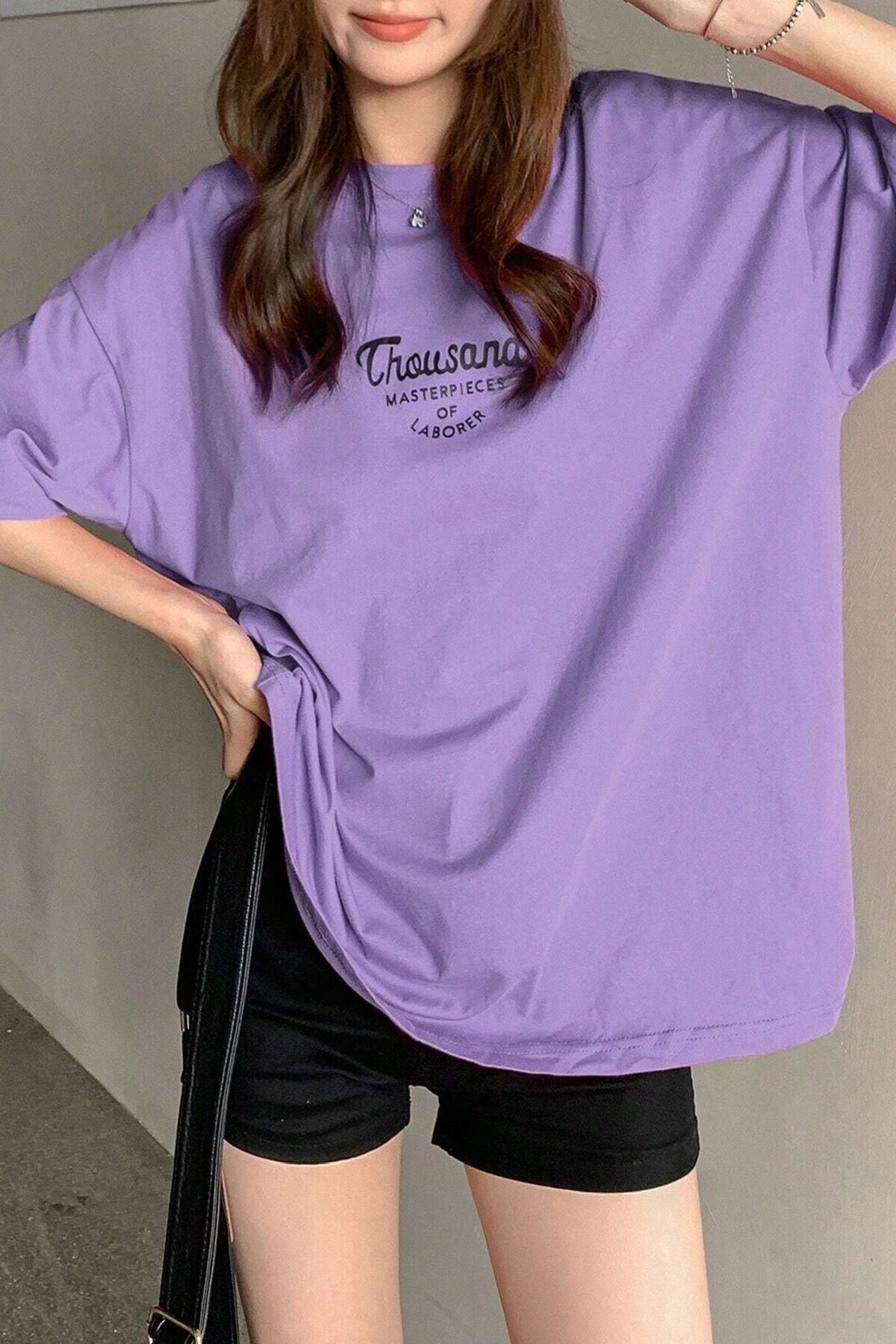 Know-Women's Purple Crew Neck Thousand Printed Oversize T-Shirt 4