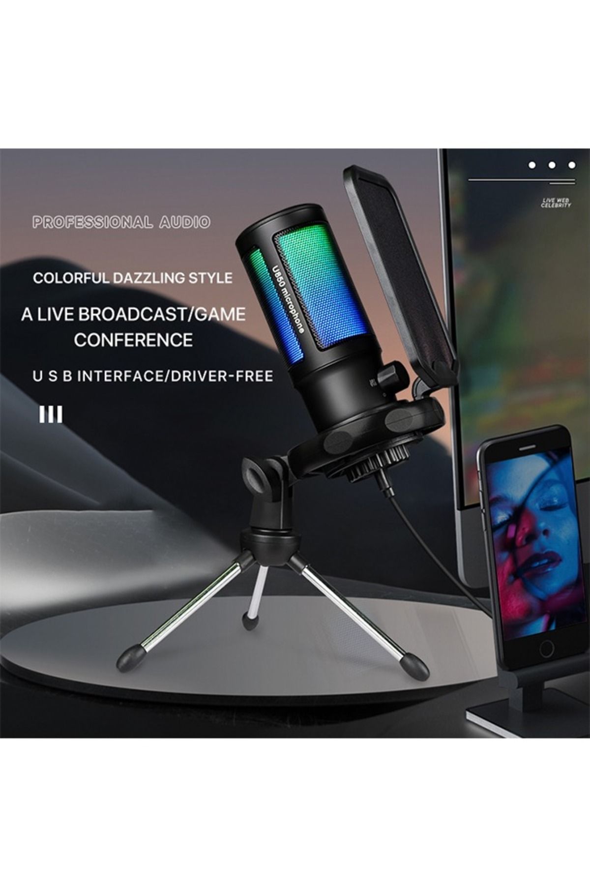 FlashHawk-Gaming USB Microphone for PC PS5,Condenser Mic with Quick Mute,RGB Indicator 3