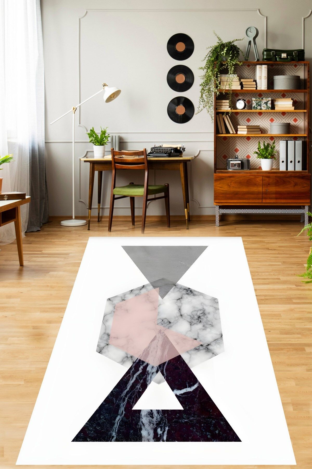 Pelangi Mermer Desen Modern Geometrik Pembe Siyah Yıkanabilir Kaymaz Taban Leke Tutmaz Salon Halısı Yolluk