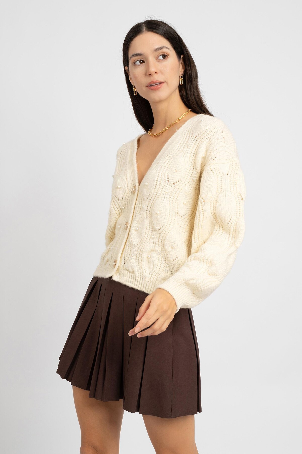 RTD&VLD  Kadın Vita S142 Kaju incili Gold Düğmeli Triko Hırka Ekru