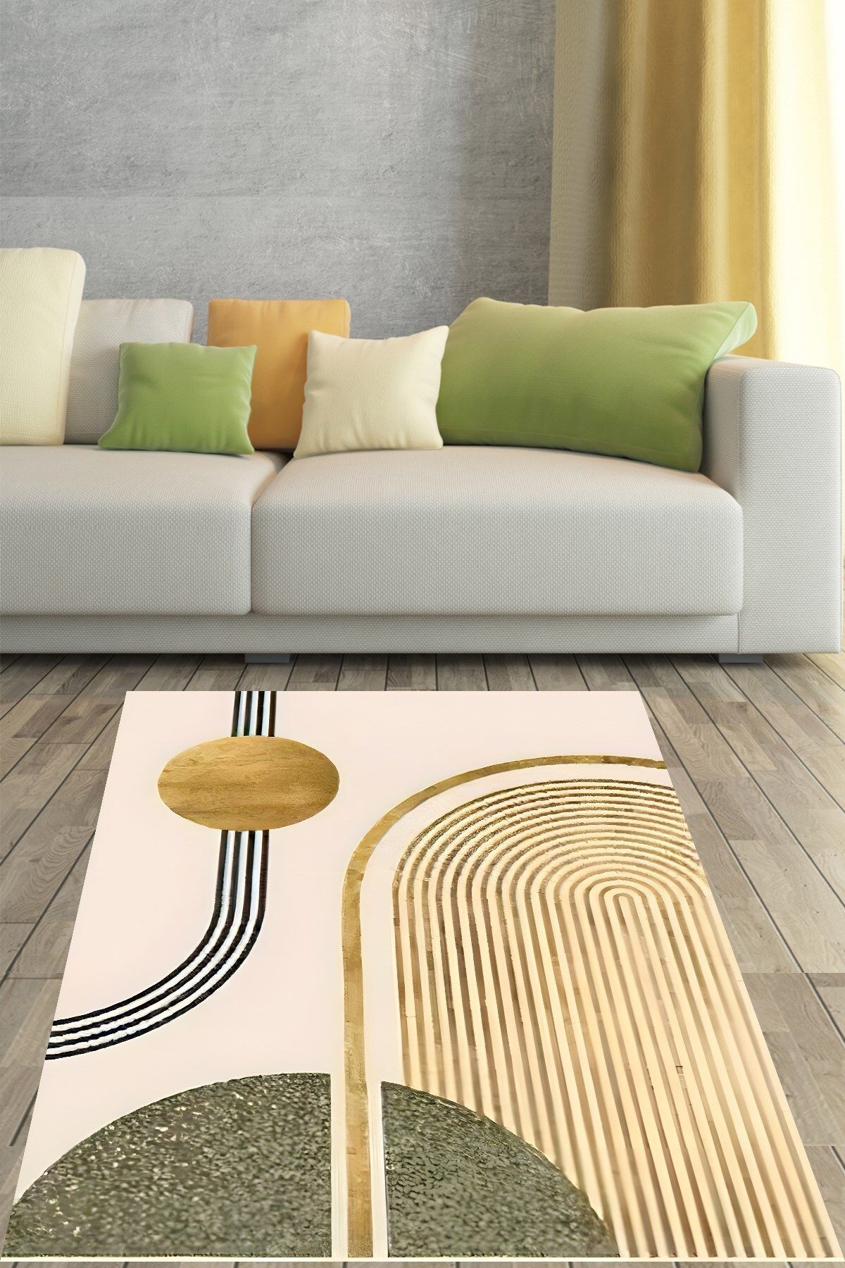 Pelangi Bohem Geometrik Gold Detaylı Modern Yıkanabilir Kaymaz Taban Leke Tutmaz Salon Halısı Yolluk