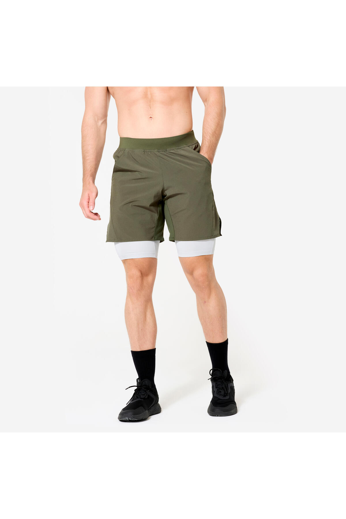 دکتلون شورت ورزشی 2 در 1 مردانه Domyos - جیب زیپ دار - خاکی - 500