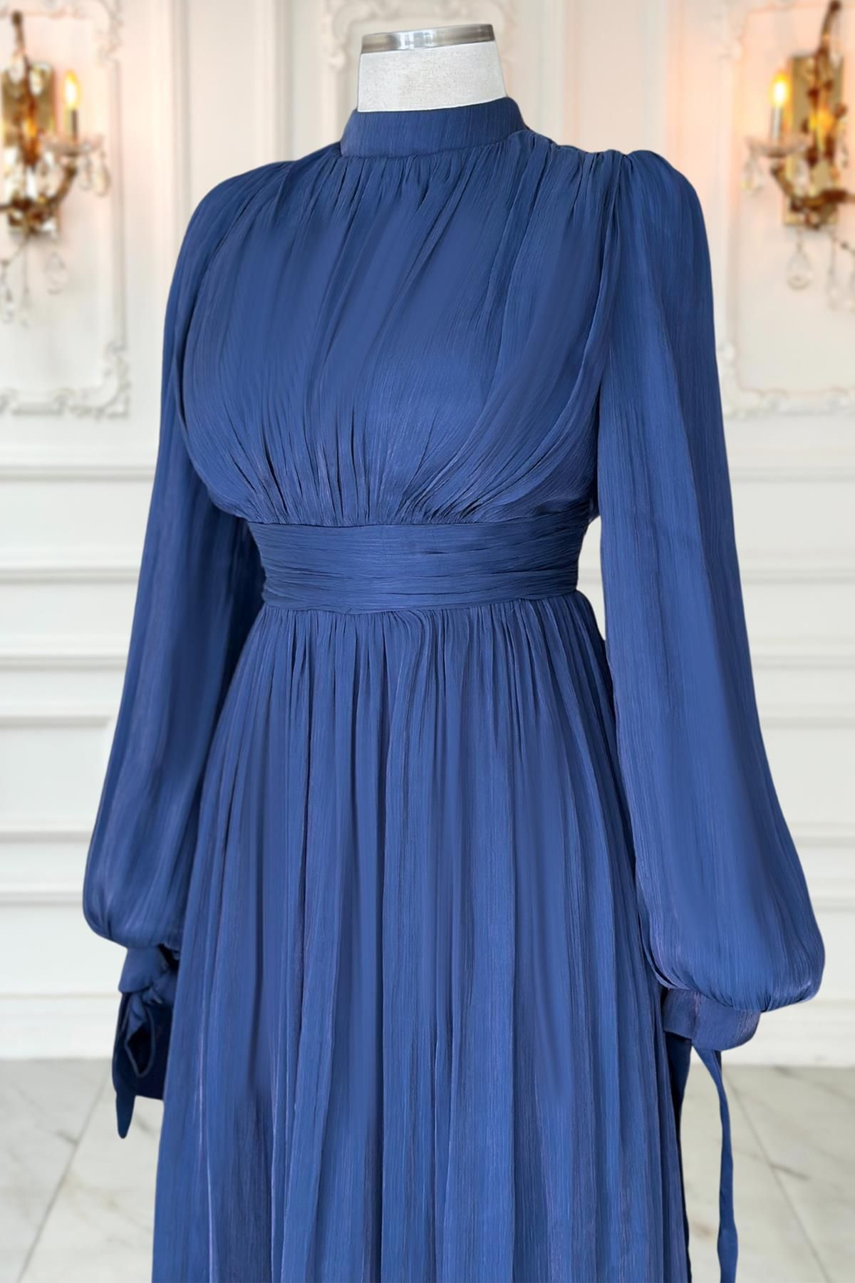 Amine Hüma-Navy Blue Nida Evening Dress 2
