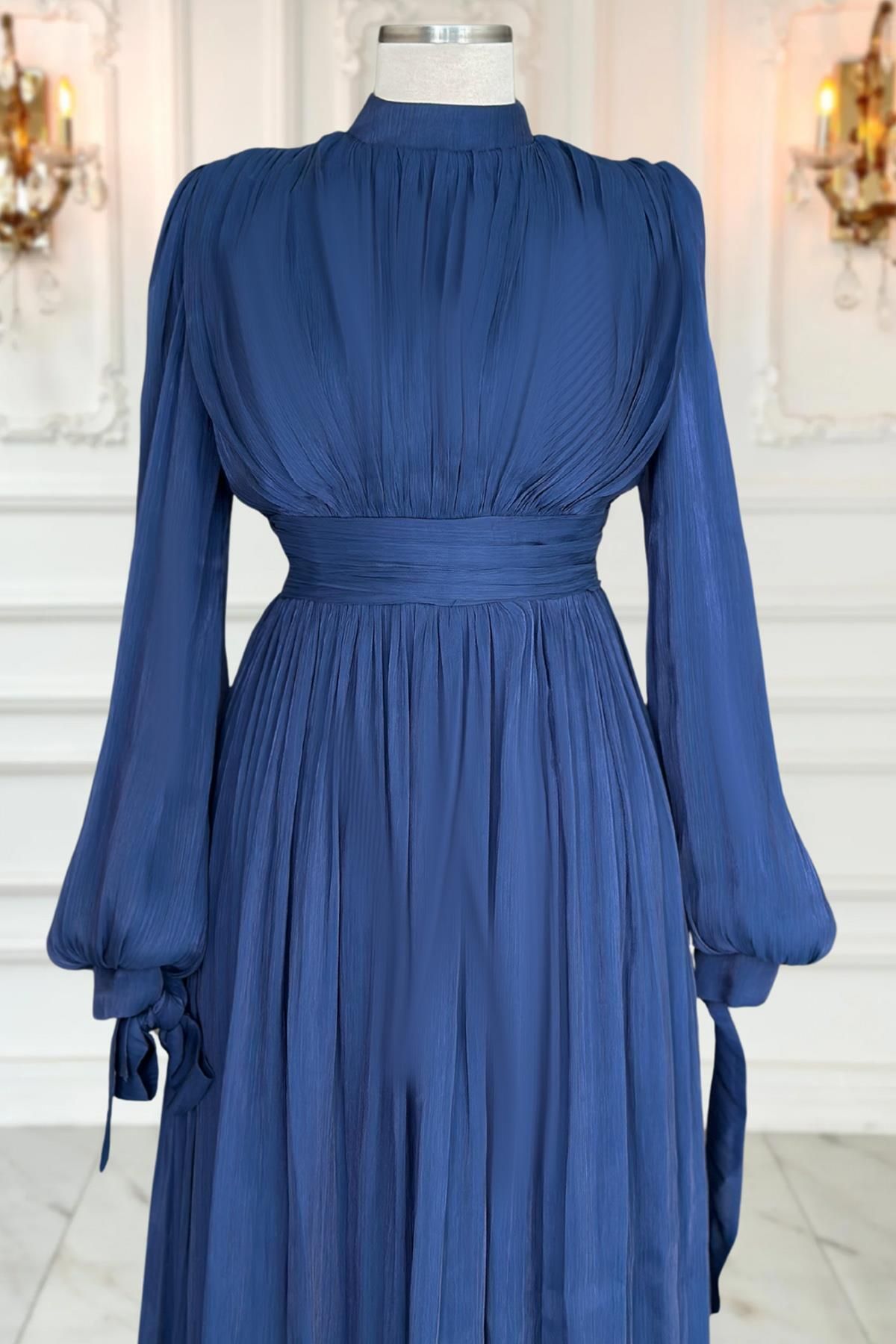 Amine Hüma-Navy Blue Nida Evening Dress 3