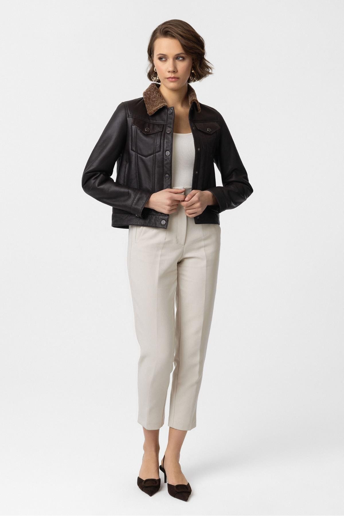 Deriderim-Coffee Iris Sleeves and Inner Size Lamb Fur Women's Coat 5