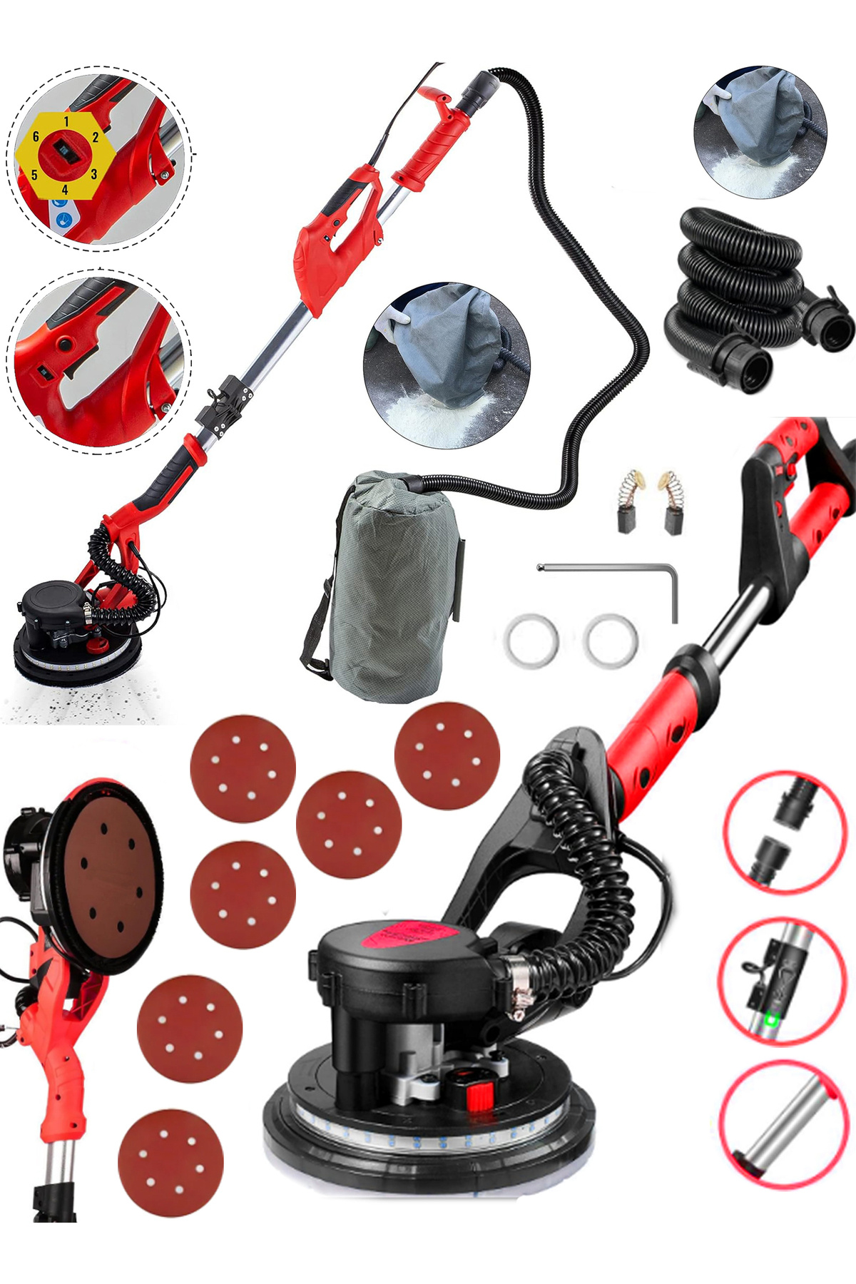 Eisenn Germany AX-6000 Series Led Işıklı Bakır Sargı Alçıpan Duvar Zımpara Makinası Toz Emmeli Tam Prof