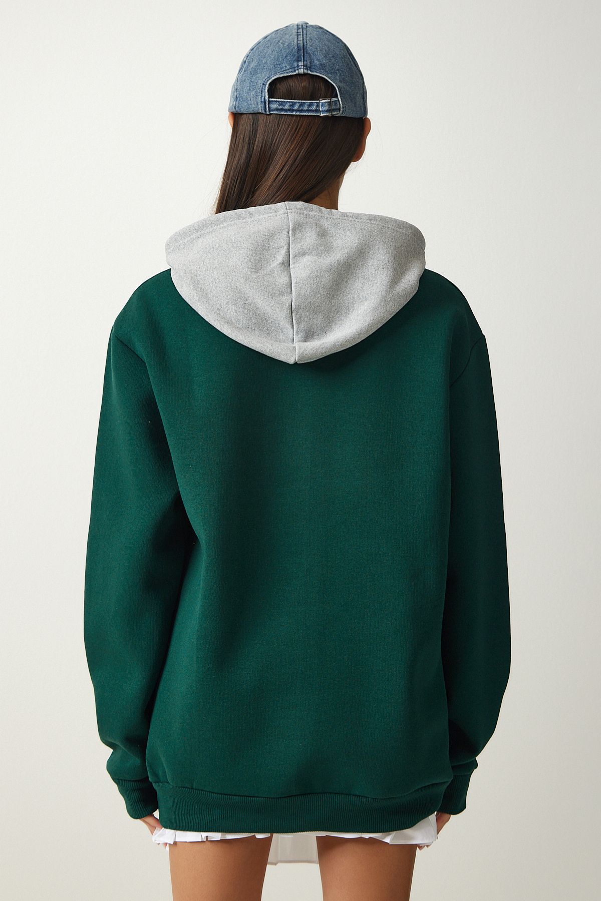 Lovelyİstanbul-Hooded Rose Gold Printed Sweatshirt Emerald Green Low0034 6