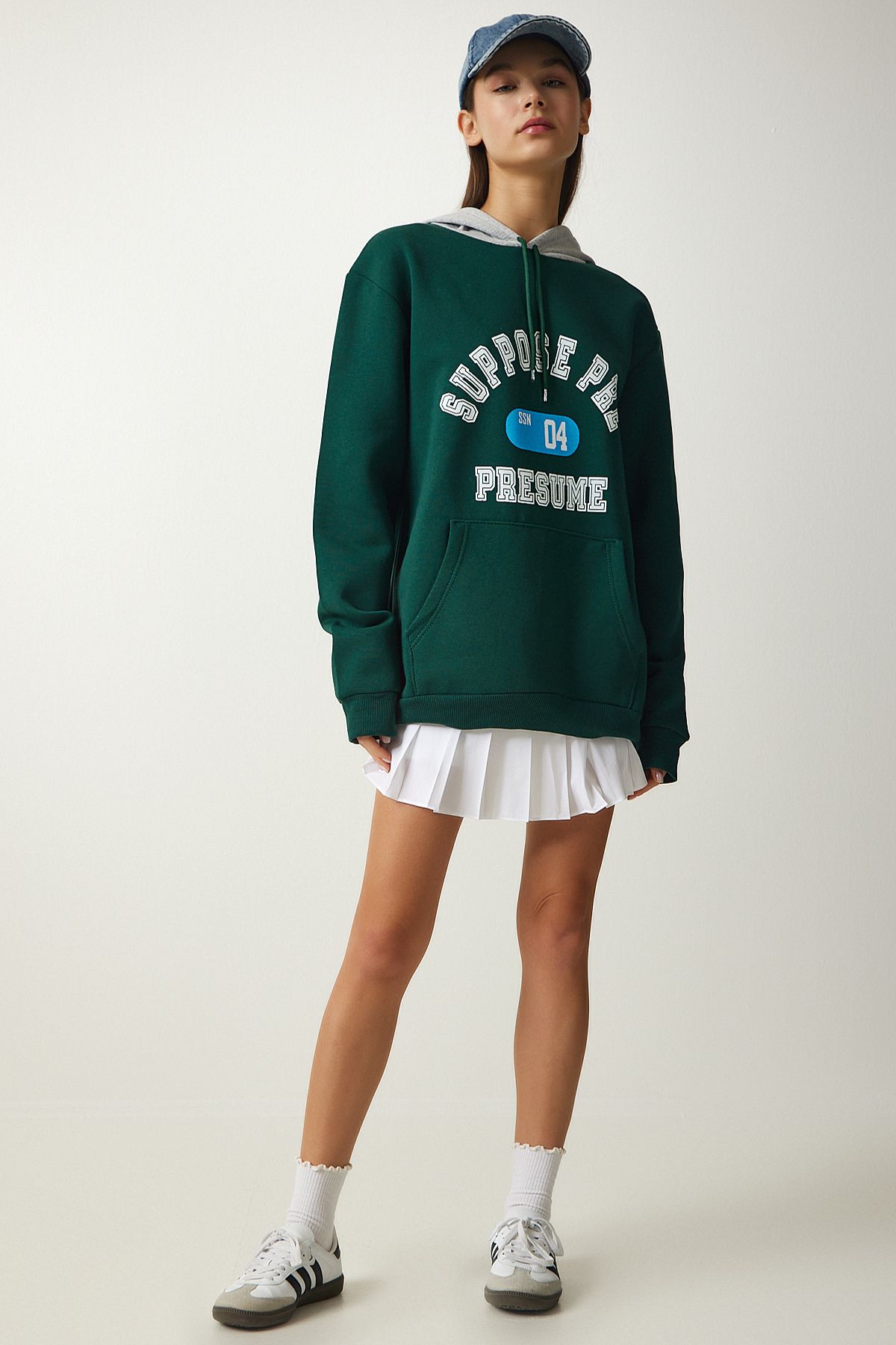 Lovelyİstanbul-Hooded Rose Gold Printed Sweatshirt Emerald Green Low0034 4