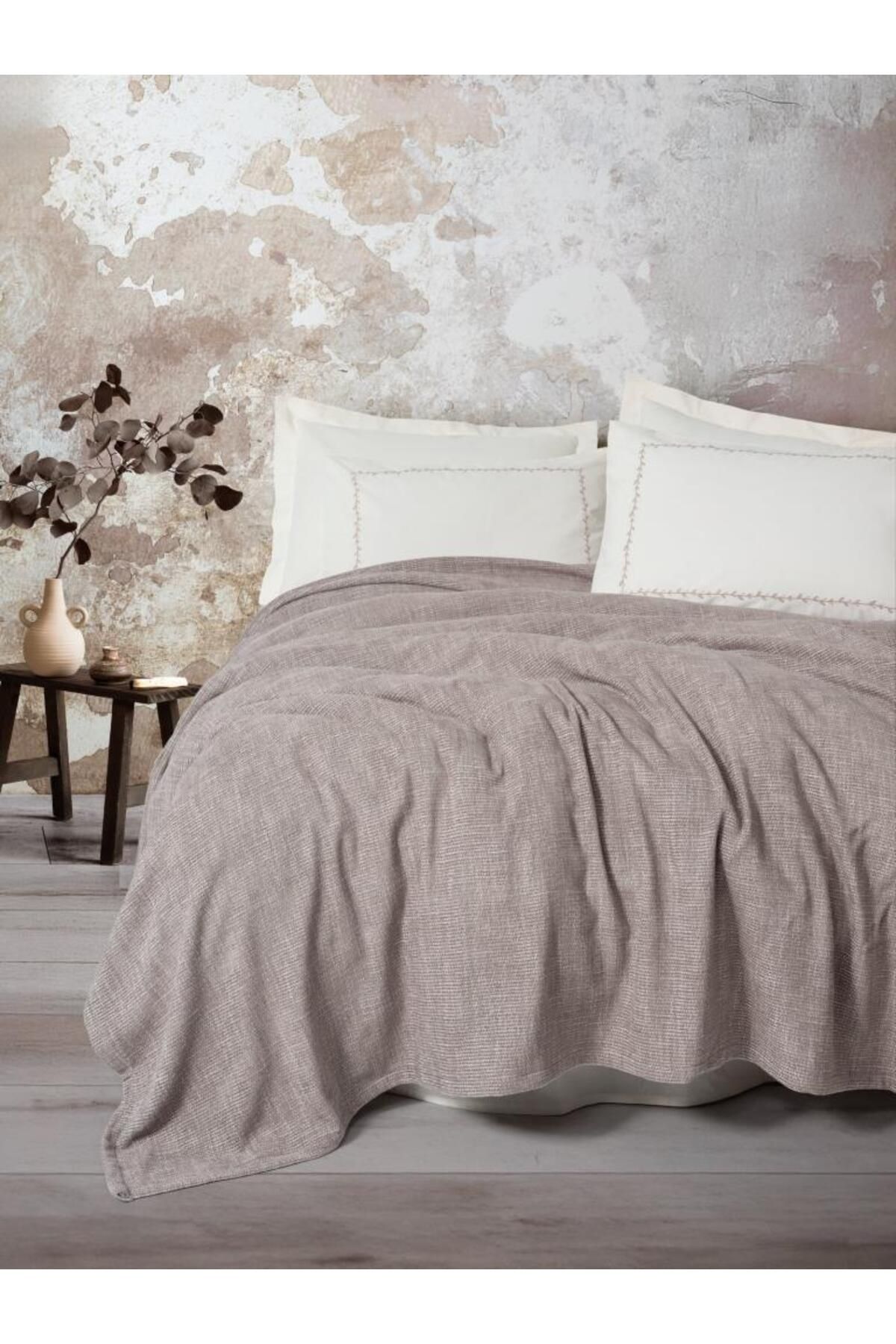 LovelymCo Embrova Şönil Çift Kişilik Yatak Örtüsü/Pike Takımı Loom Bej