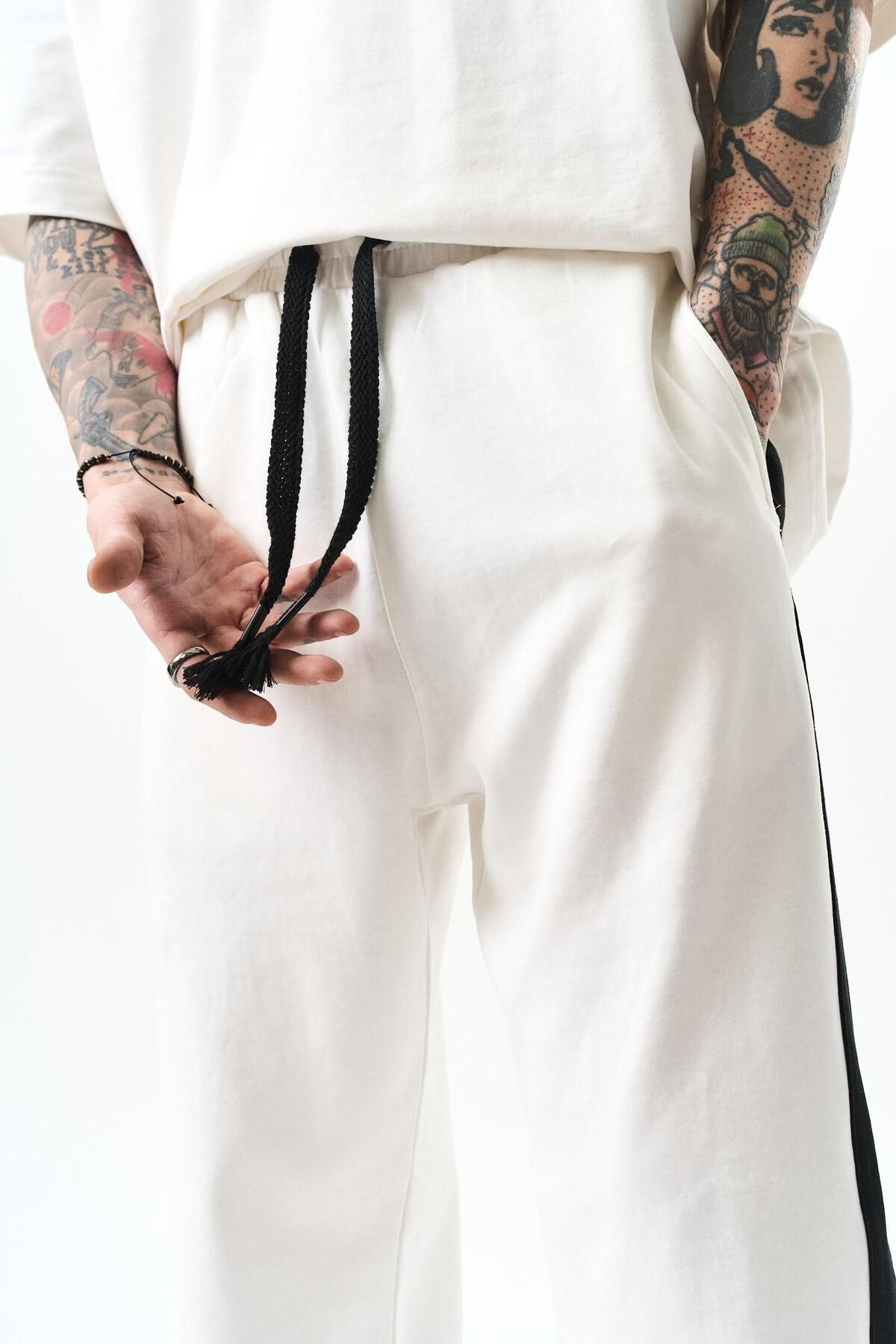 Respire-Men's Leg Detailed Interlock Baggy Sweatpants Ecru 6