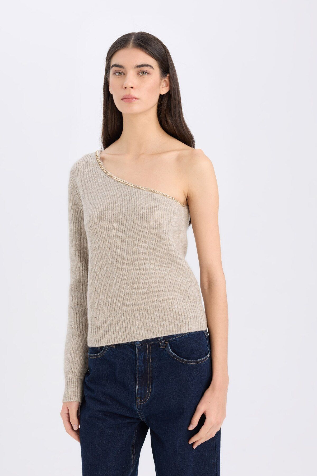 DeFacto-Regular Fit One Shoulder Basic Plain Knitwear Sweater E2308Ax24Wn 4