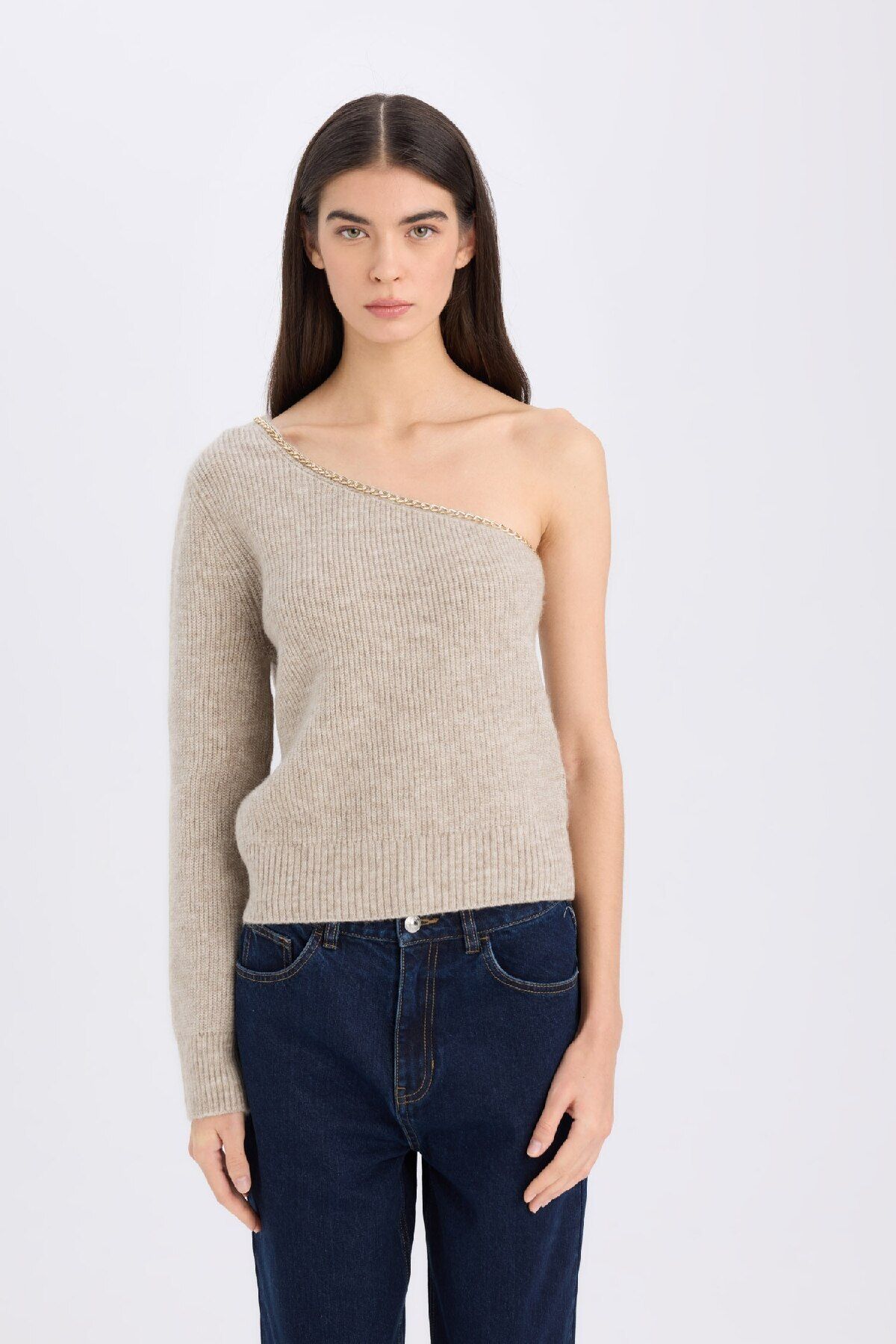 DeFacto-Regular Fit One Shoulder Basic Plain Knitwear Sweater E2308Ax24Wn 3