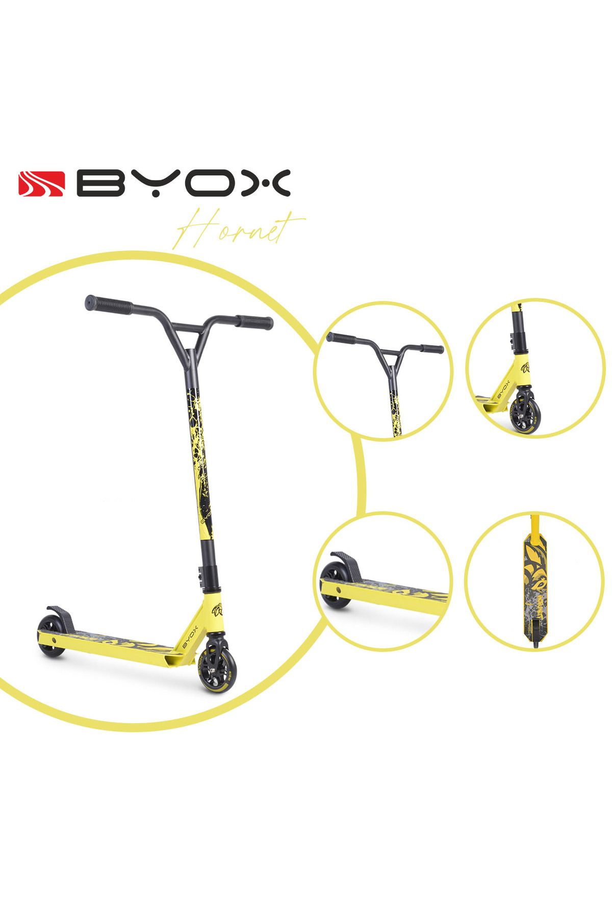 OEM Trotineta Copii Freestyle Din Aluminiu Byox Hornet Galben, Ghidon Rotativ 360 Grade, Varsta 10 Ani + Unisex - One Size
