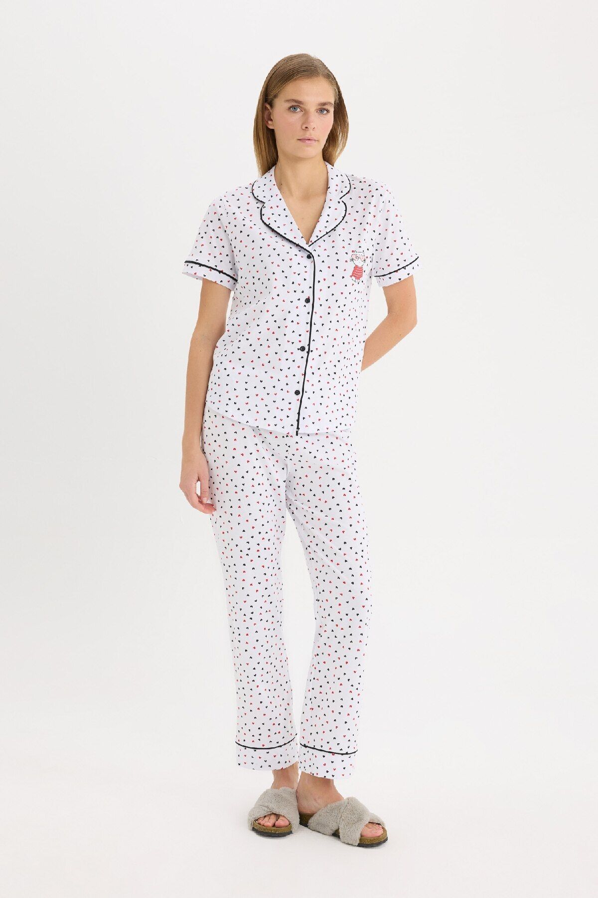 DeFacto-Pajama Set Short Sleeve Button Top Flexible Waisted Long Bottom-Fall in Love D8455Ax25Sp 2