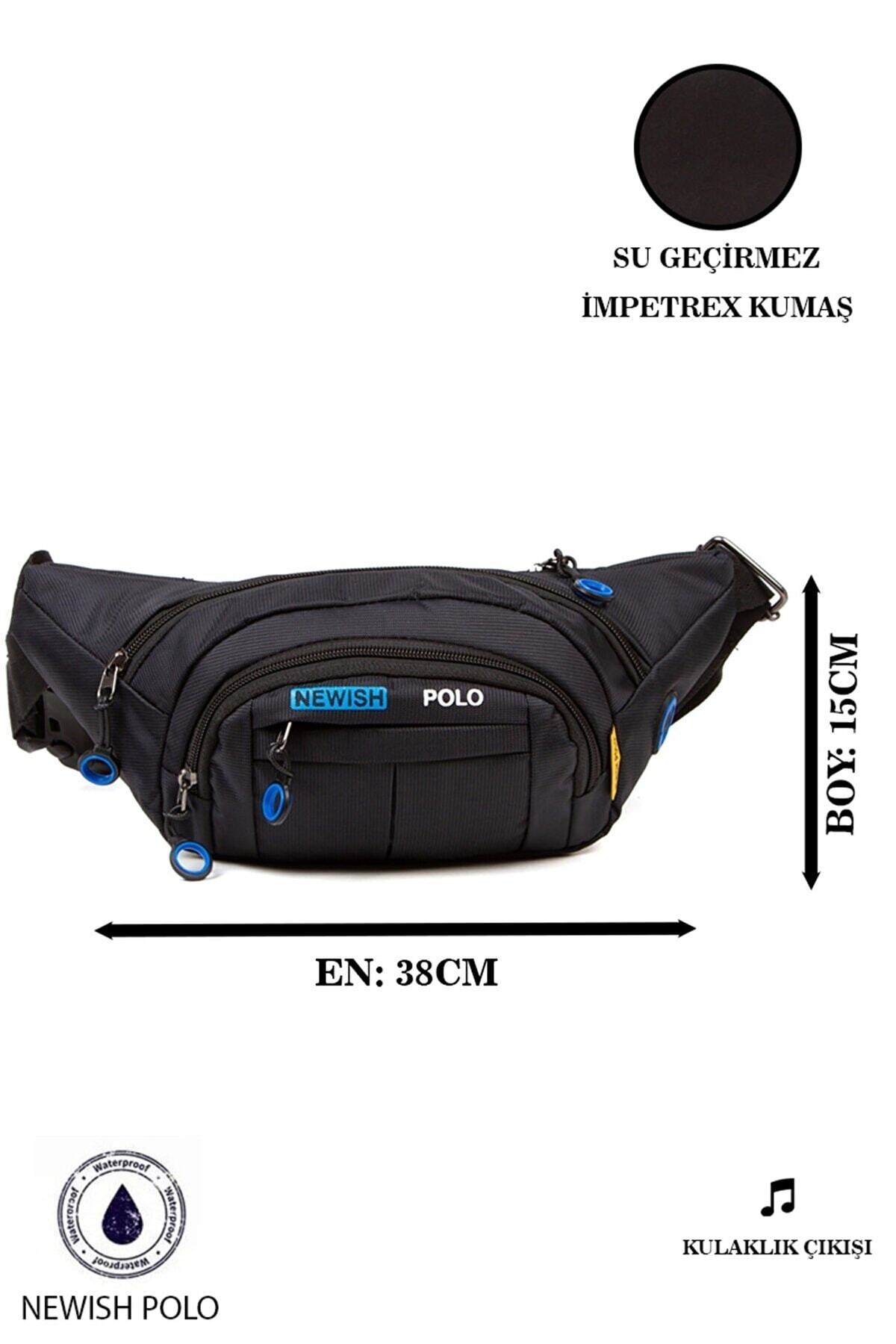 Newish Polo Su Geçirmez Kulaklık Usb Çıkışlı Unisex Siyah Çapraz Askılı Bel Omuz Ve Spor Çanta görsel 7