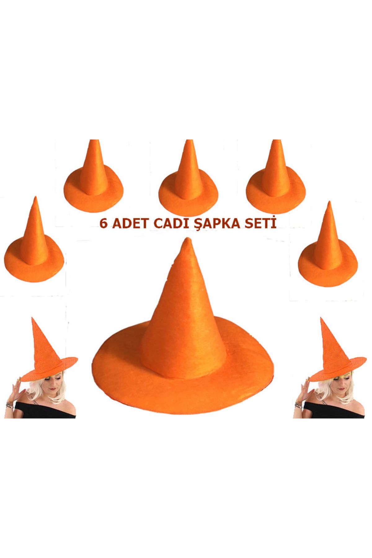 KENPAZAR Parti Aksesuar Turuncu Renk Keçe Cadı Şapkası Yetişkin Çocuk Uyumlu 6 Adet
