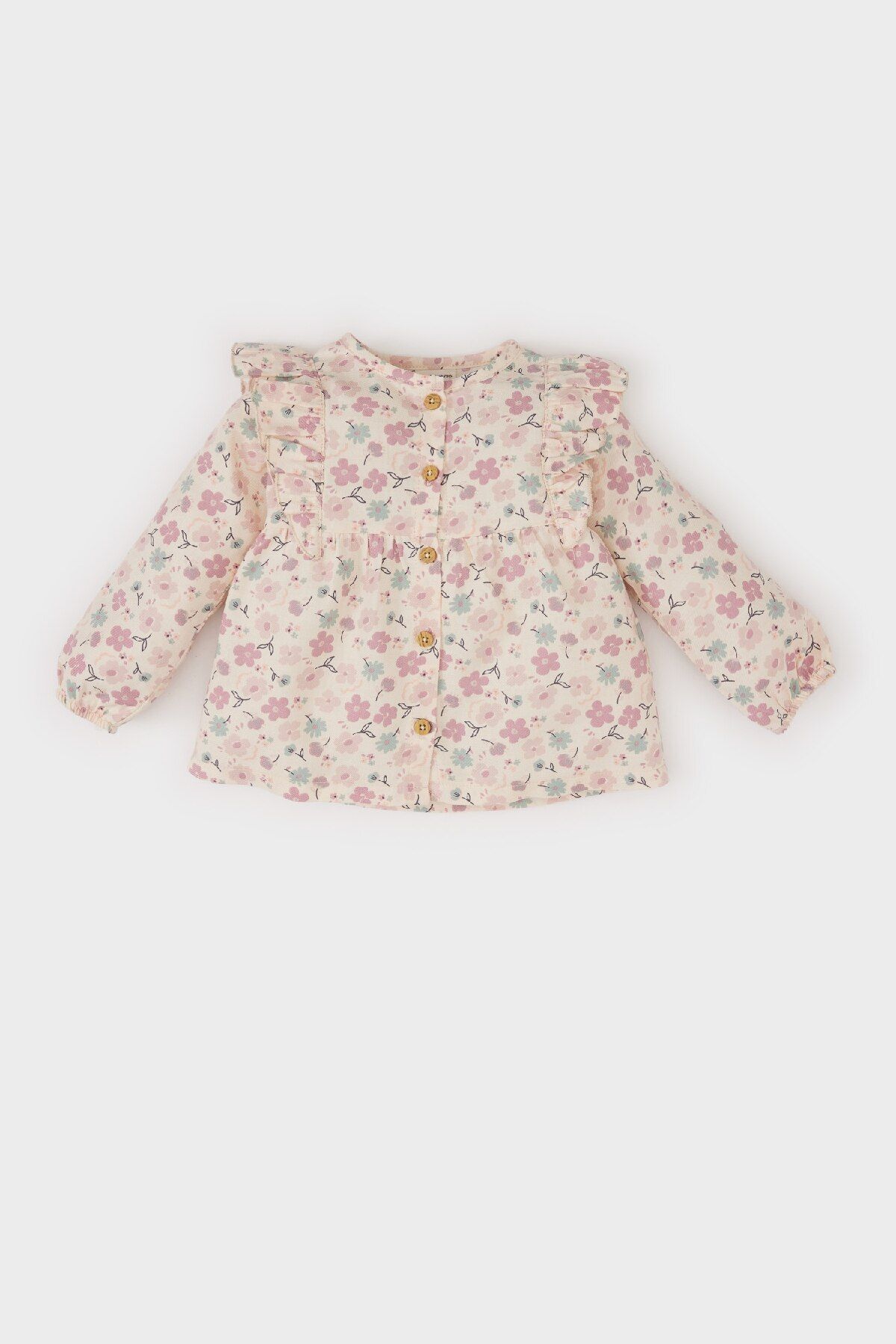 DeFacto Koszula Z Długim Rękawem I Okrągłym Dekoltem Dla Dziewczynki, Wykonana Z Tkaniny Twill W Kwiaty E2786a525sp Kobieta - 6-9 miesięcy