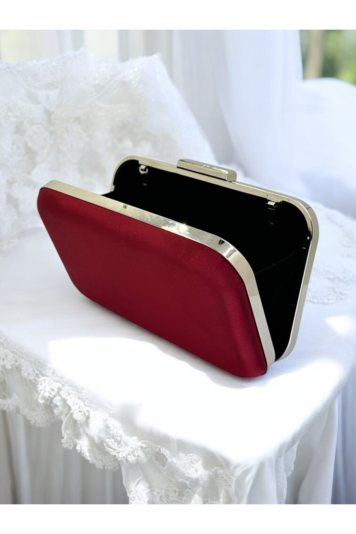 Biçanta-Burgundy Crystal Stone Metal Handle Satin Women's Evening Bag Evening Dress Bag Wedding Engagement Graduation 3